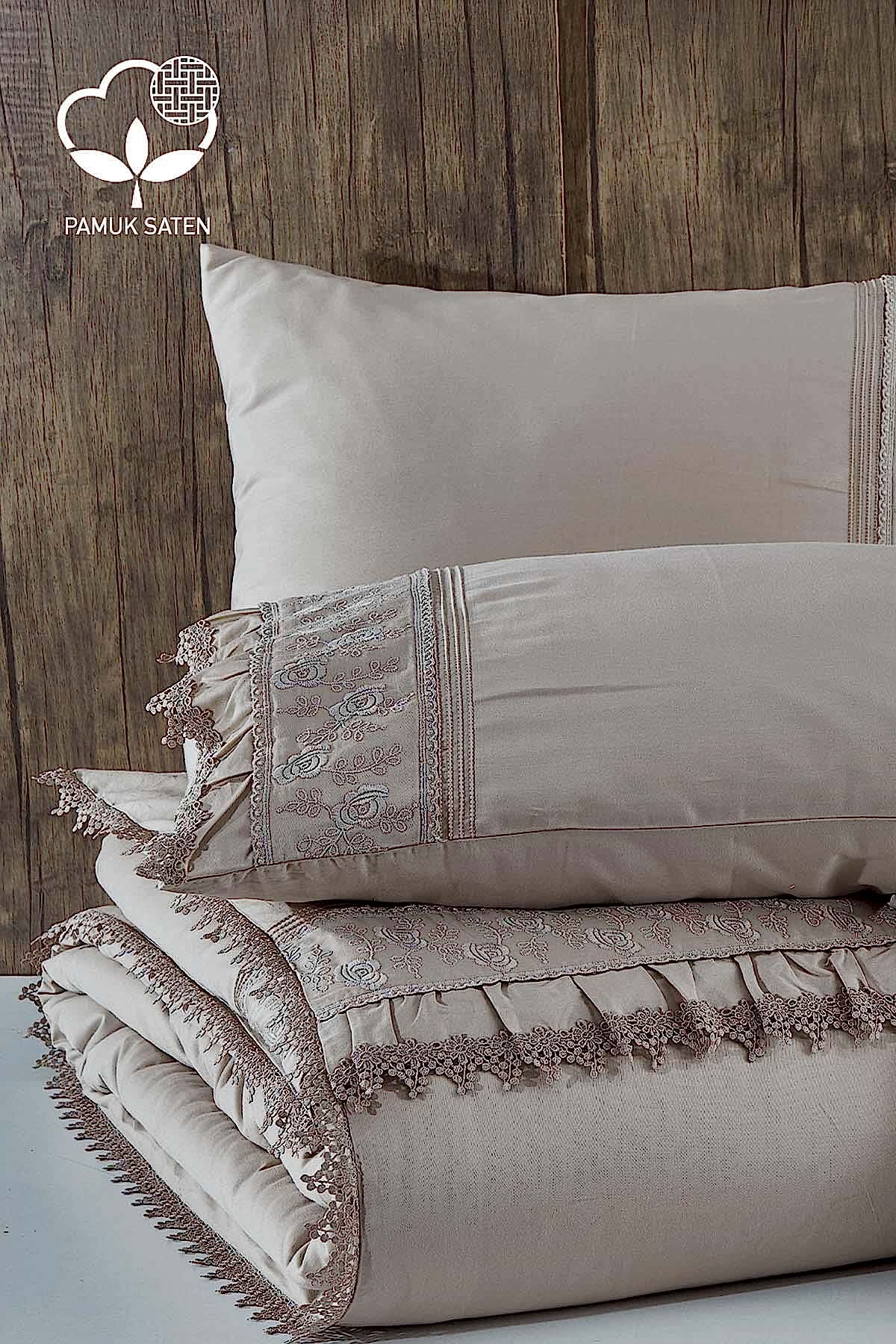 Alina Dantelli Pamuk Saten Çift Kişilik 6 Parça Nevresim Takımı - Nazik Home - Yuvama Değer!