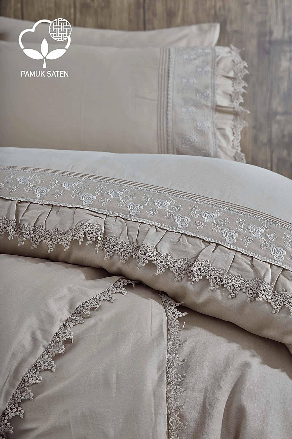 Alina Dantelli Pamuk Saten Çift Kişilik 6 Parça Nevresim Takımı - Nazik Home - Yuvama Değer!