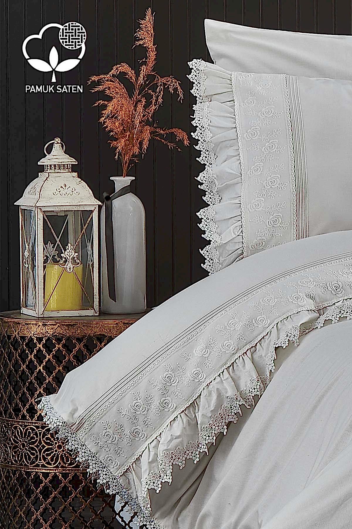 Alina Dantelli Pamuk Saten Çift Kişilik 6 Parça Nevresim Takımı - Nazik Home - Yuvama Değer!