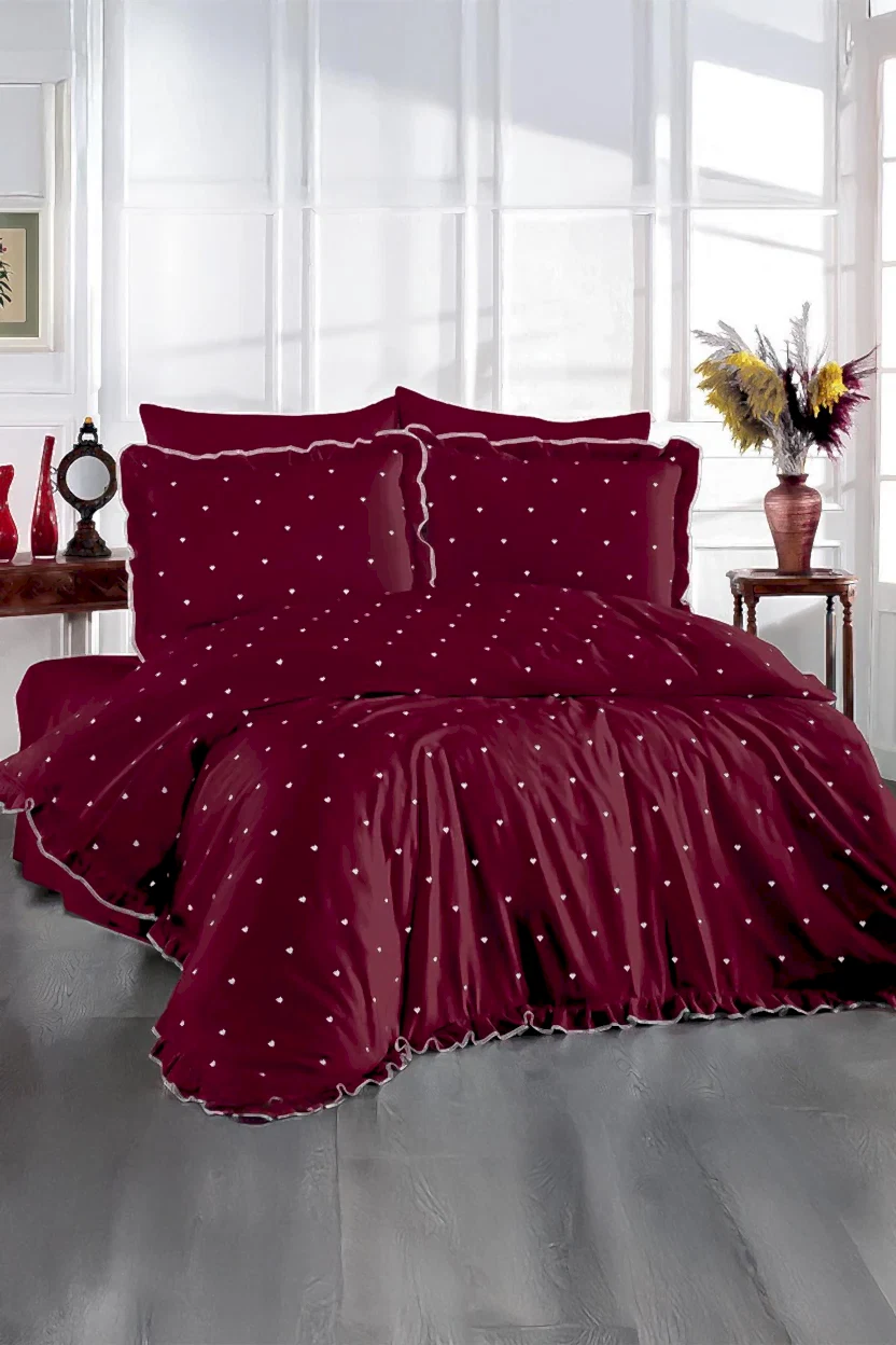 Amore Kalp Nakışlı Pamuk Saten King Size 6 Parça Nevresim Takımı - Nazik Home - Yuvama Değer!
