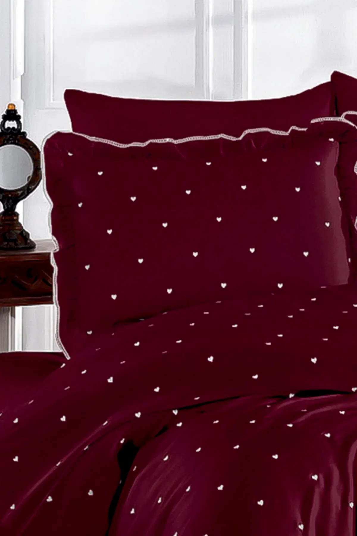 Amore Kalp Nakışlı Pamuk Saten King Size 6 Parça Nevresim Takımı - Nazik Home - Yuvama Değer!