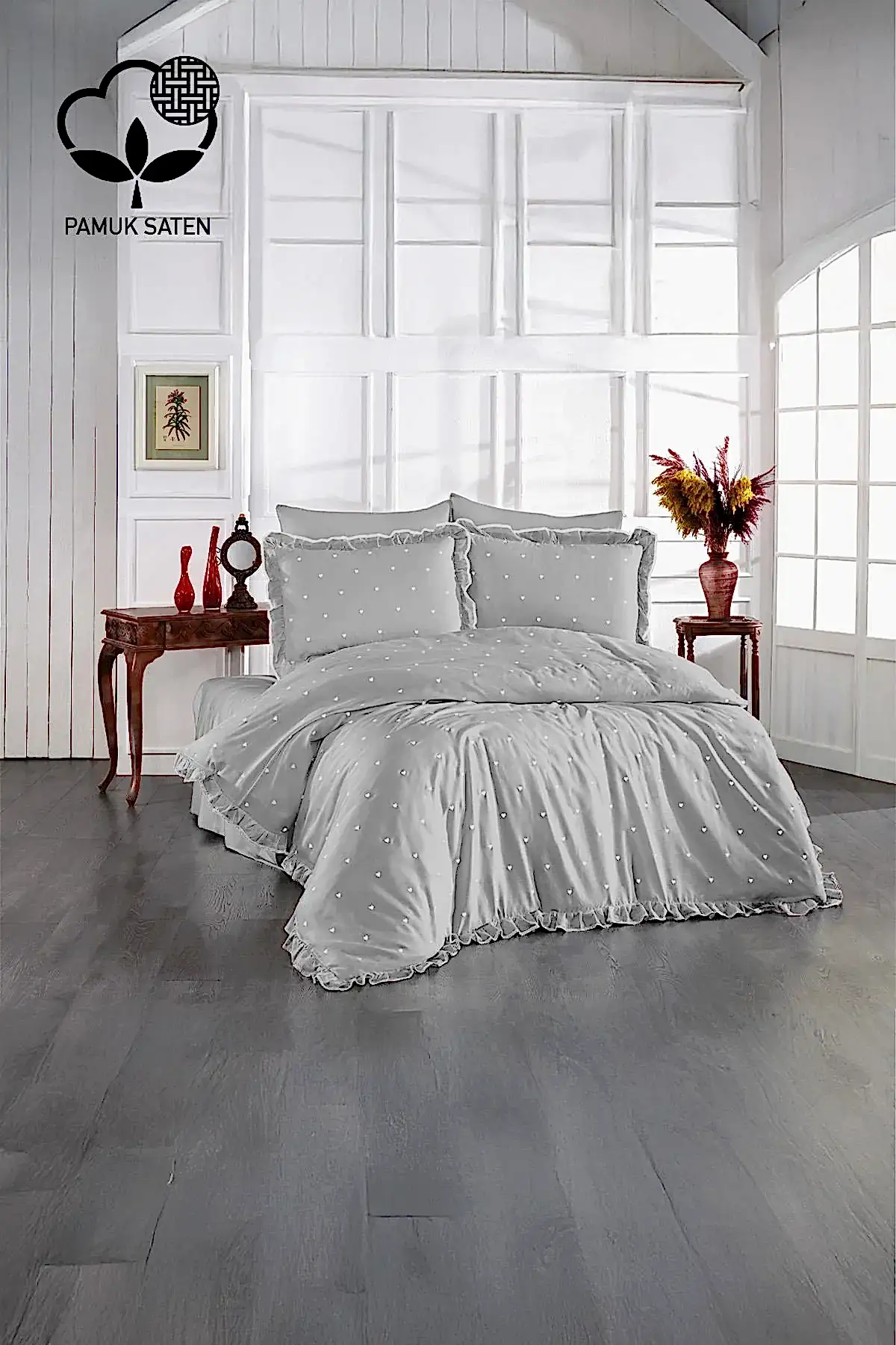 Amore Kalp Nakışlı Pamuk Saten King Size 6 Parça Nevresim Takımı - Nazik Home - Yuvama Değer!
