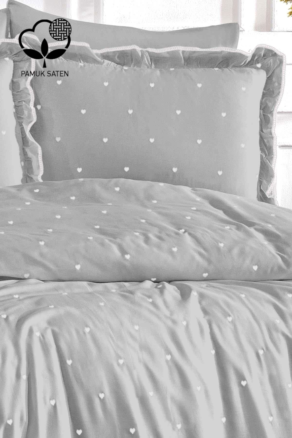 Amore Kalp Nakışlı Pamuk Saten King Size 6 Parça Nevresim Takımı - Nazik Home - Yuvama Değer!