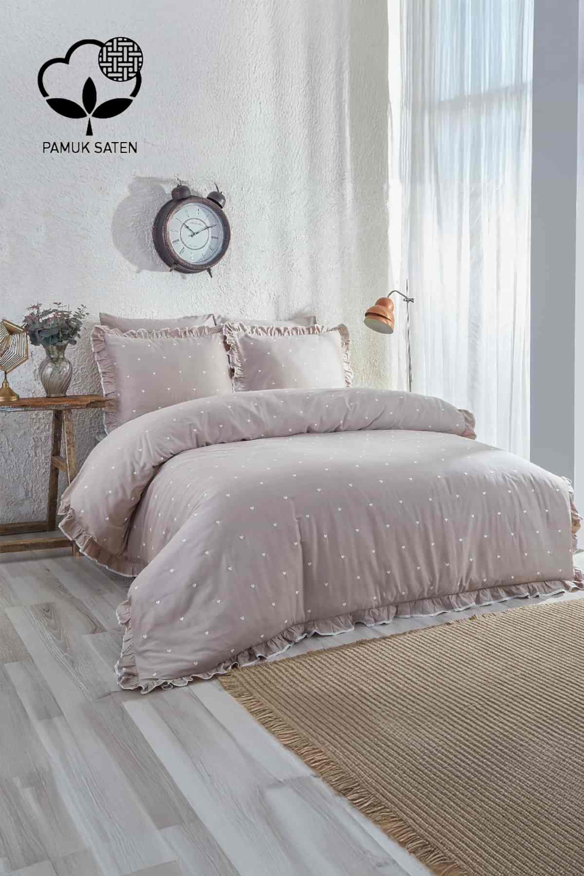 Amore Kalp Nakışlı Pamuk Saten King Size 6 Parça Nevresim Takımı - Nazik Home - Yuvama Değer!