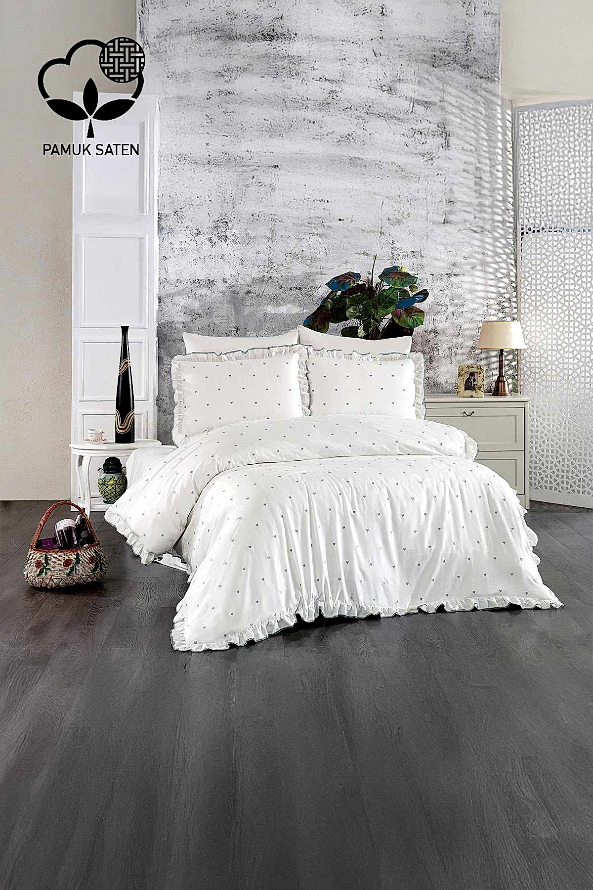 Amore Kalp Nakışlı Pamuk Saten King Size 6 Parça Nevresim Takımı - Nazik Home - Yuvama Değer!