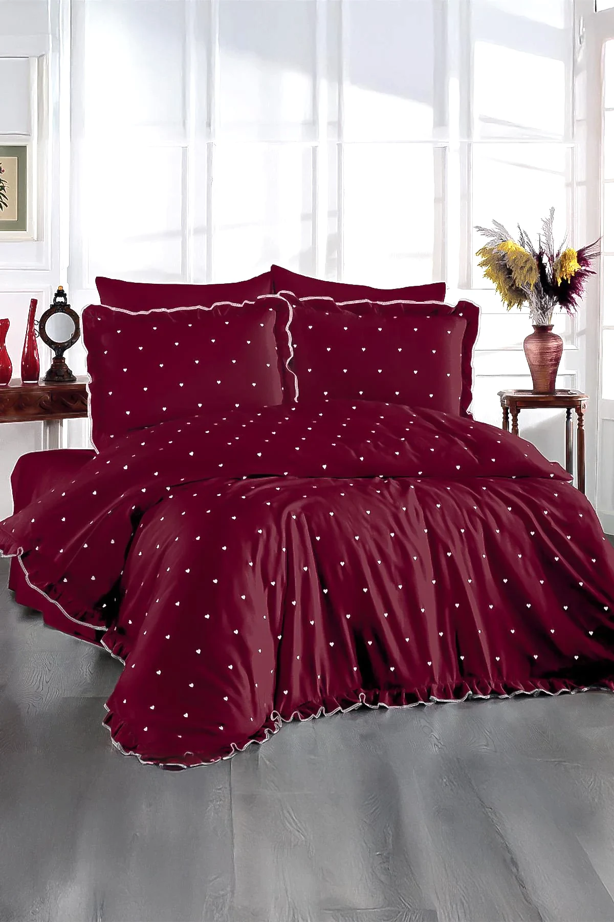 Amore Kalp Nakışlı Pamuk Saten Süper King Size 6 Parça Nevresim Takımı - Nazik Home - Yuvama Değer!