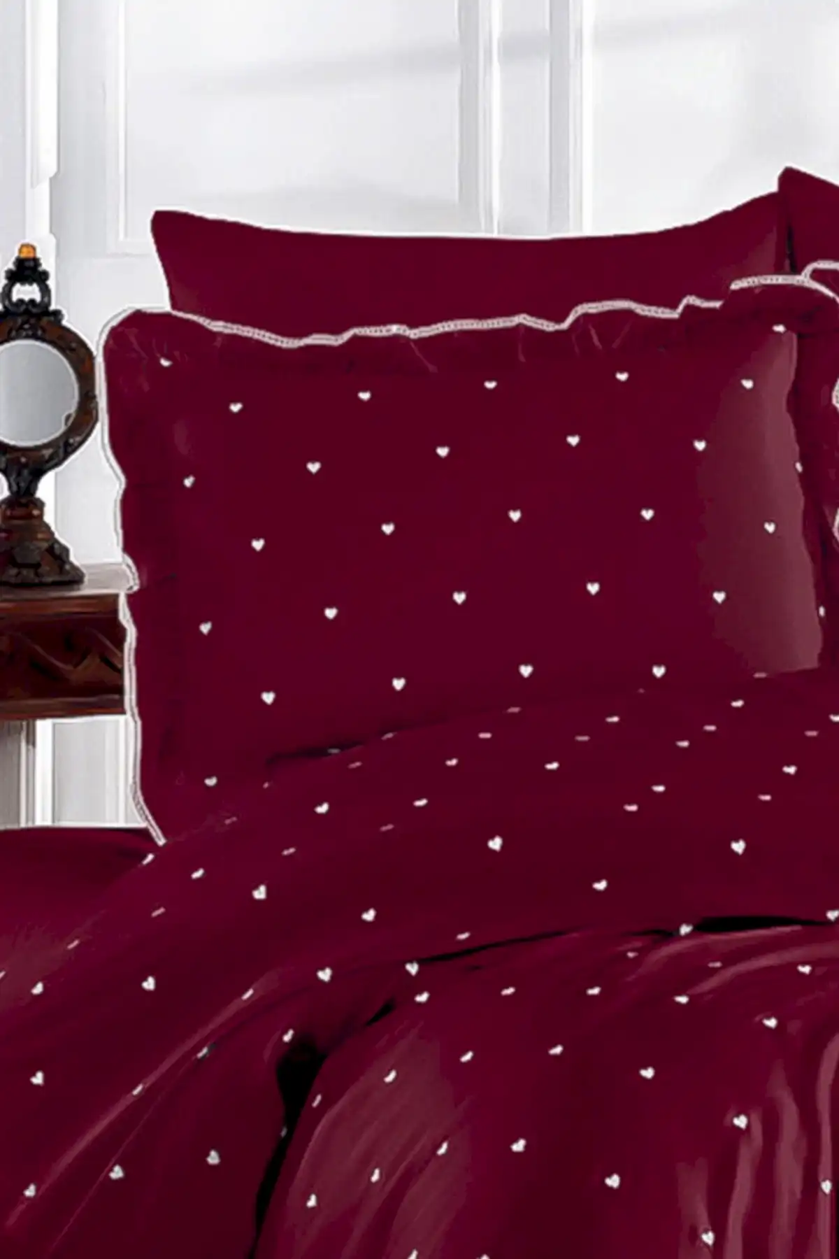 Amore Kalp Nakışlı Pamuk Saten Süper King Size 6 Parça Nevresim Takımı - Nazik Home - Yuvama Değer!