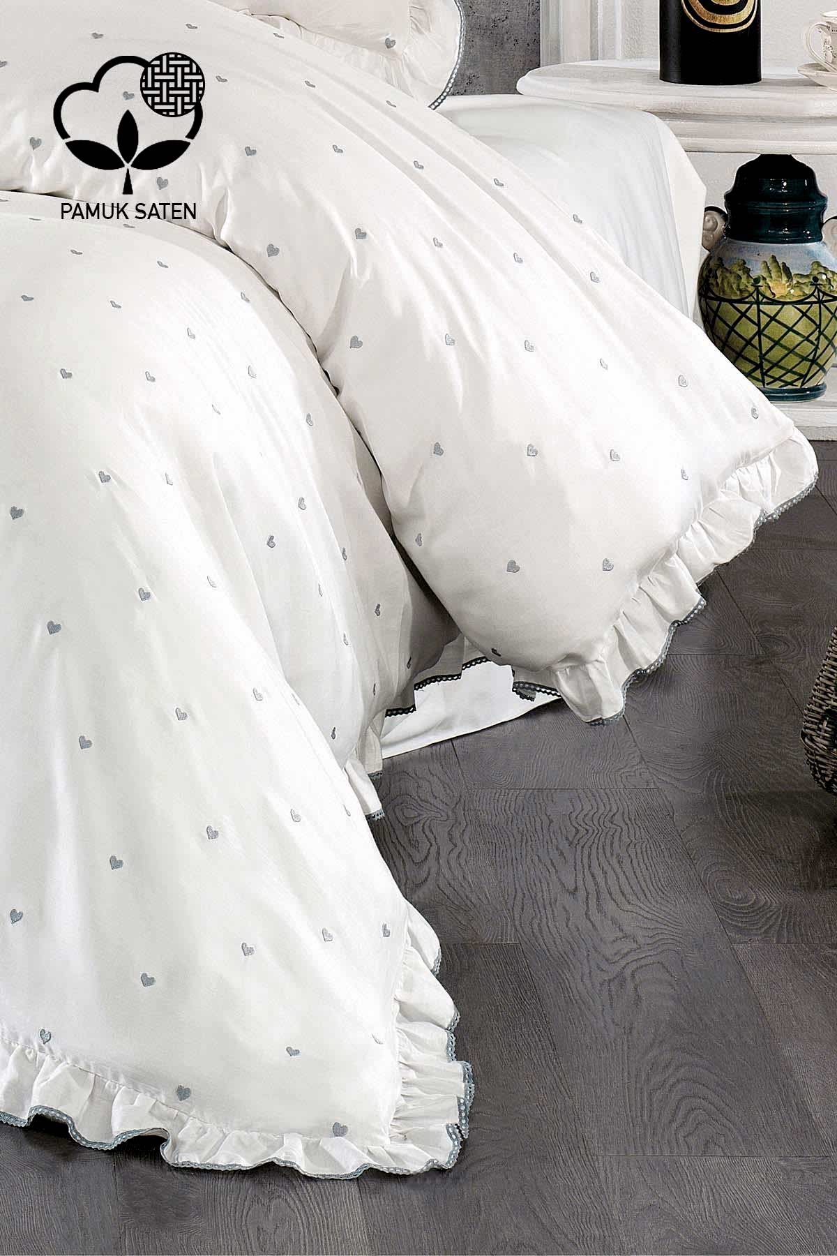 Amore Kalp Nakışlı Pamuk Saten Süper King Size 6 Parça Nevresim Takımı - Nazik Home - Yuvama Değer!