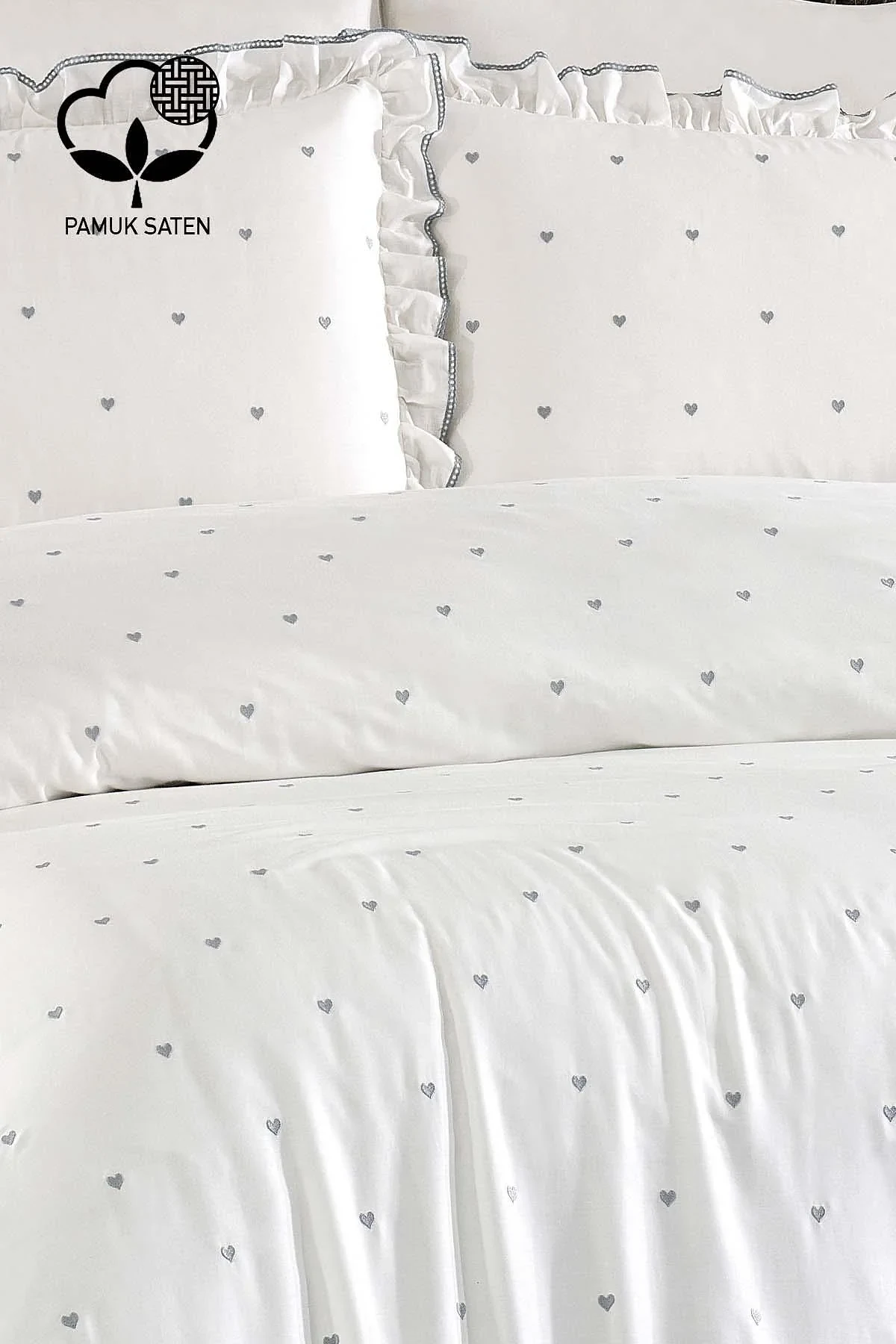 Amore Kalp Nakışlı Pamuk Saten Süper King Size 6 Parça Nevresim Takımı - Nazik Home - Yuvama Değer!