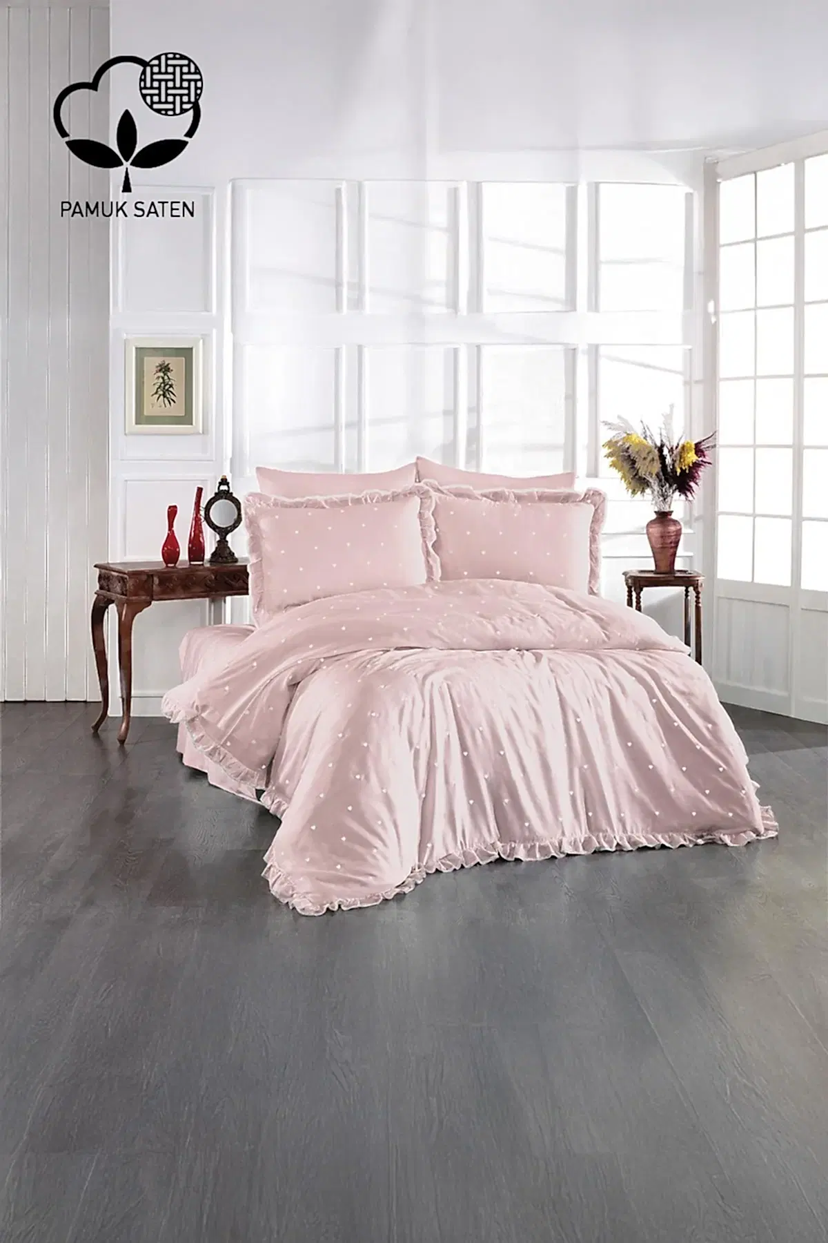 Amore Kalp Nakışlı Pamuk Saten Süper King Size 6 Parça Nevresim Takımı - Nazik Home - Yuvama Değer!