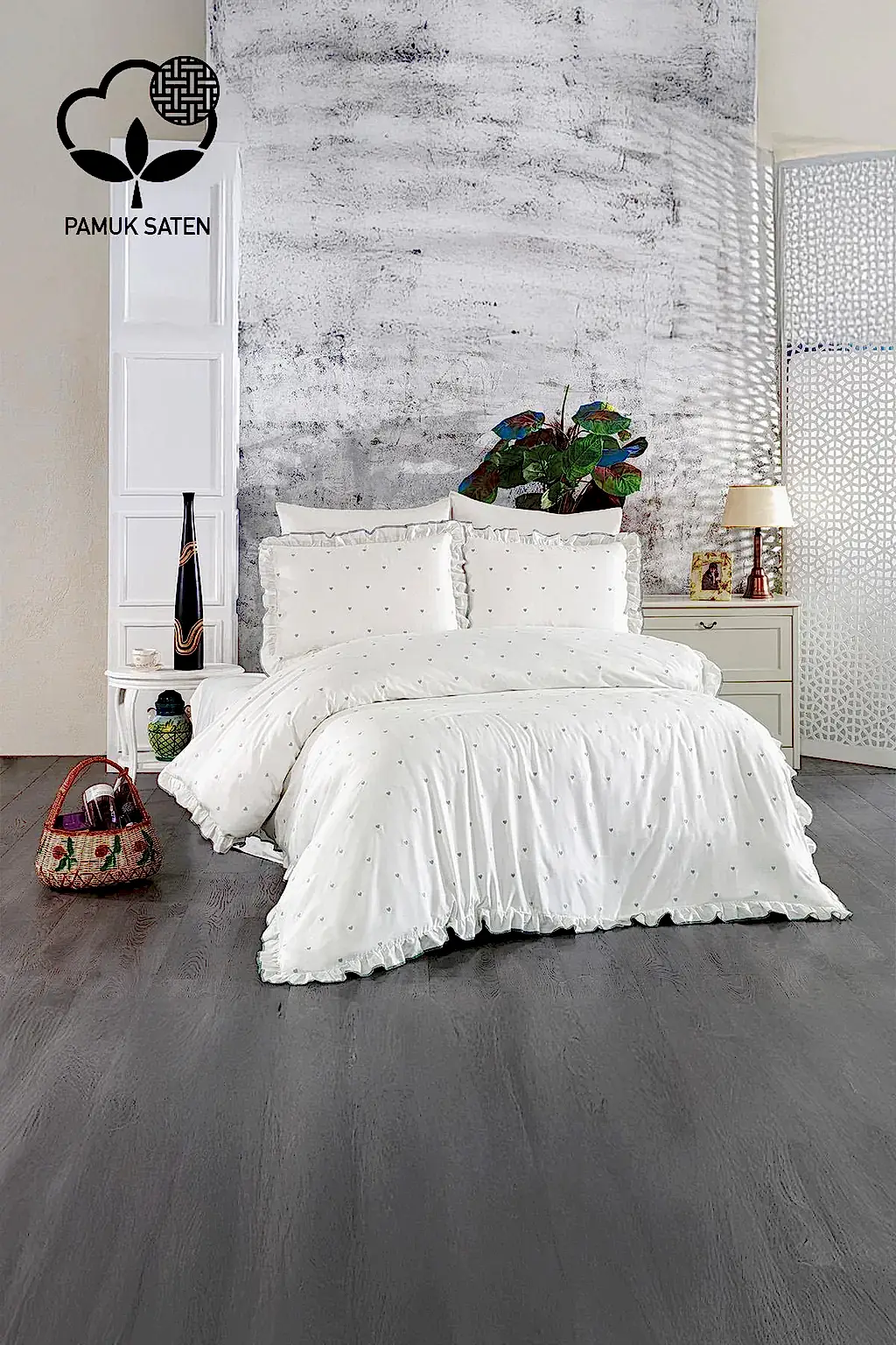 Amore Pamuk Saten Çift Kişilik Kalpli Nevresim Takımı - Nazik Home - Yuvama Değer!