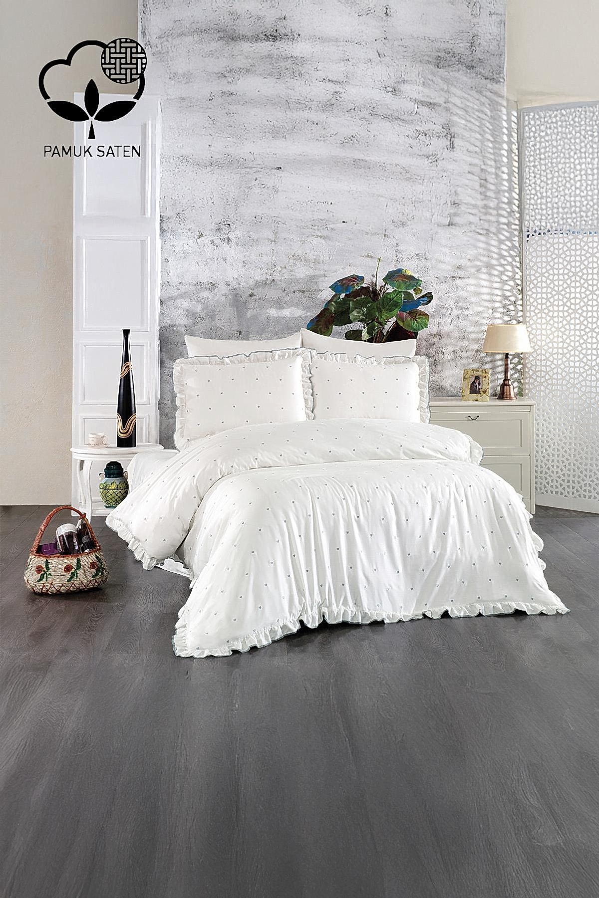 Amore Pamuk Saten Çift Kişilik Kalpli Nevresim Takımı - Nazik Home - Yuvama Değer!