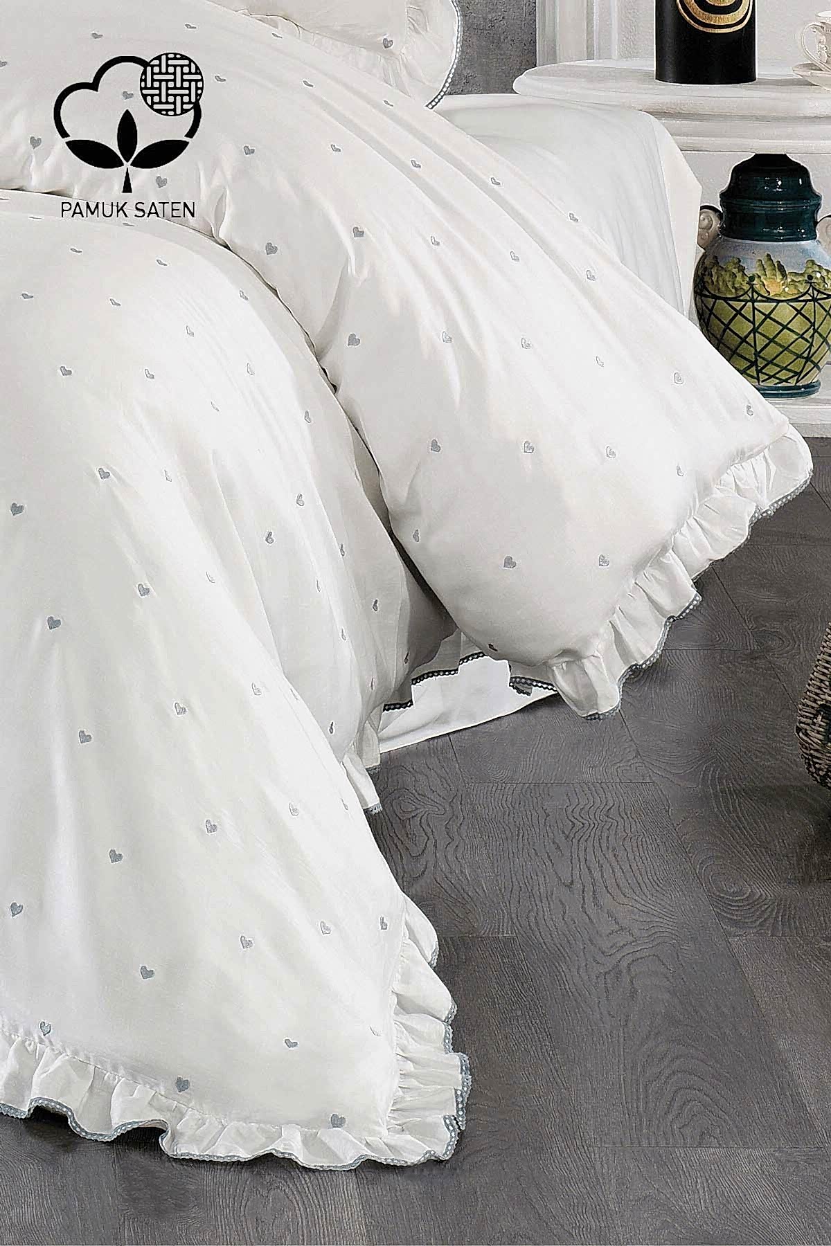 Amore Pamuk Saten Çift Kişilik Kalpli Nevresim Takımı - Nazik Home - Yuvama Değer!