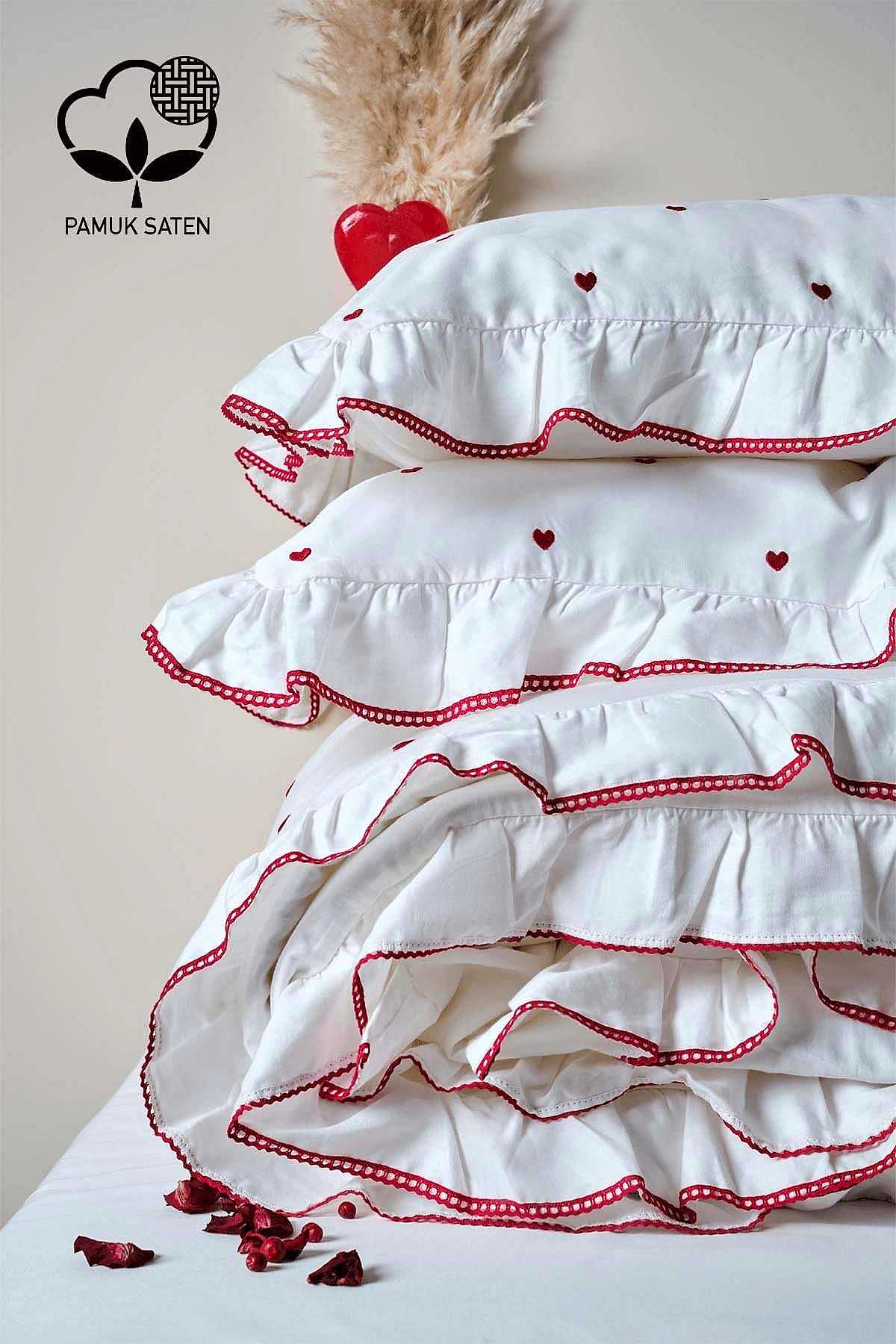 Amore Pamuk Saten Çift Kişilik Kalpli Nevresim Takımı - Nazik Home - Yuvama Değer!