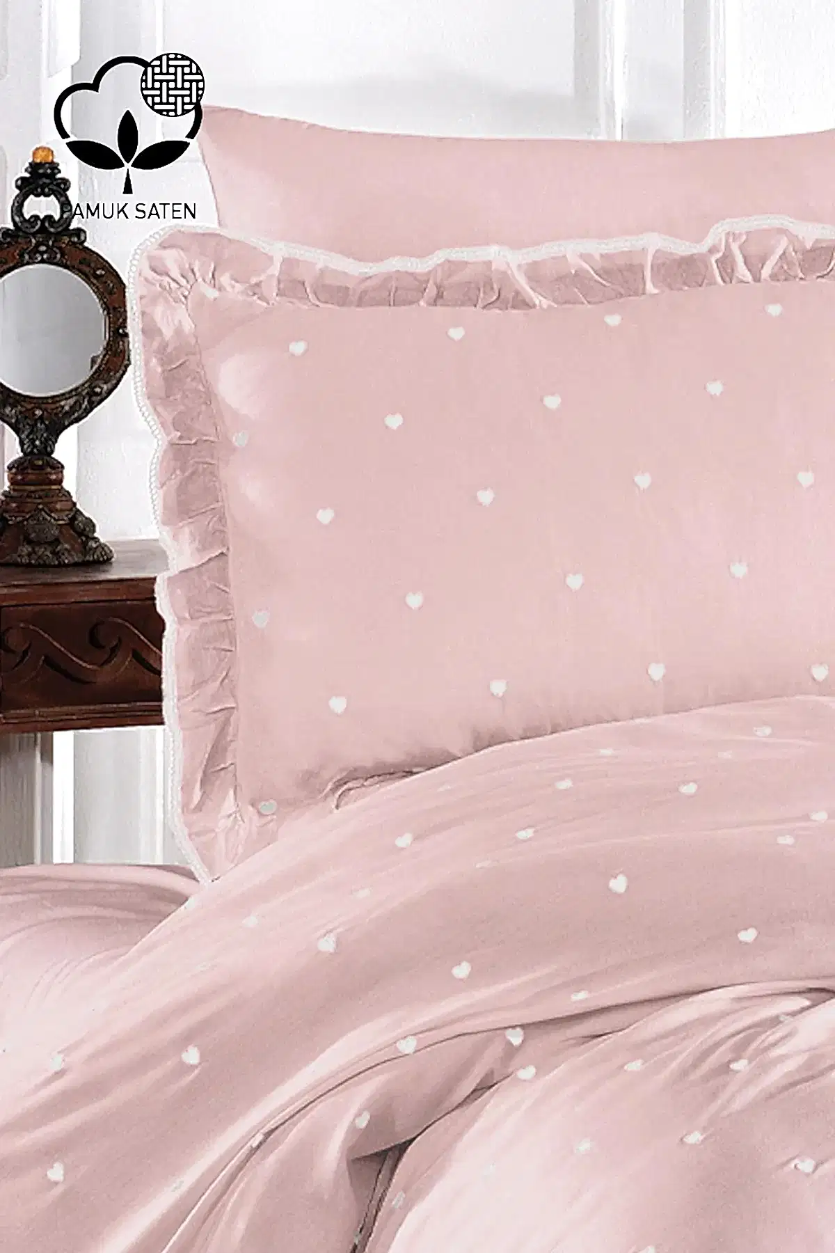 Amore Pamuk Saten Çift Kişilik Kalpli Nevresim Takımı - Nazik Home - Yuvama Değer!