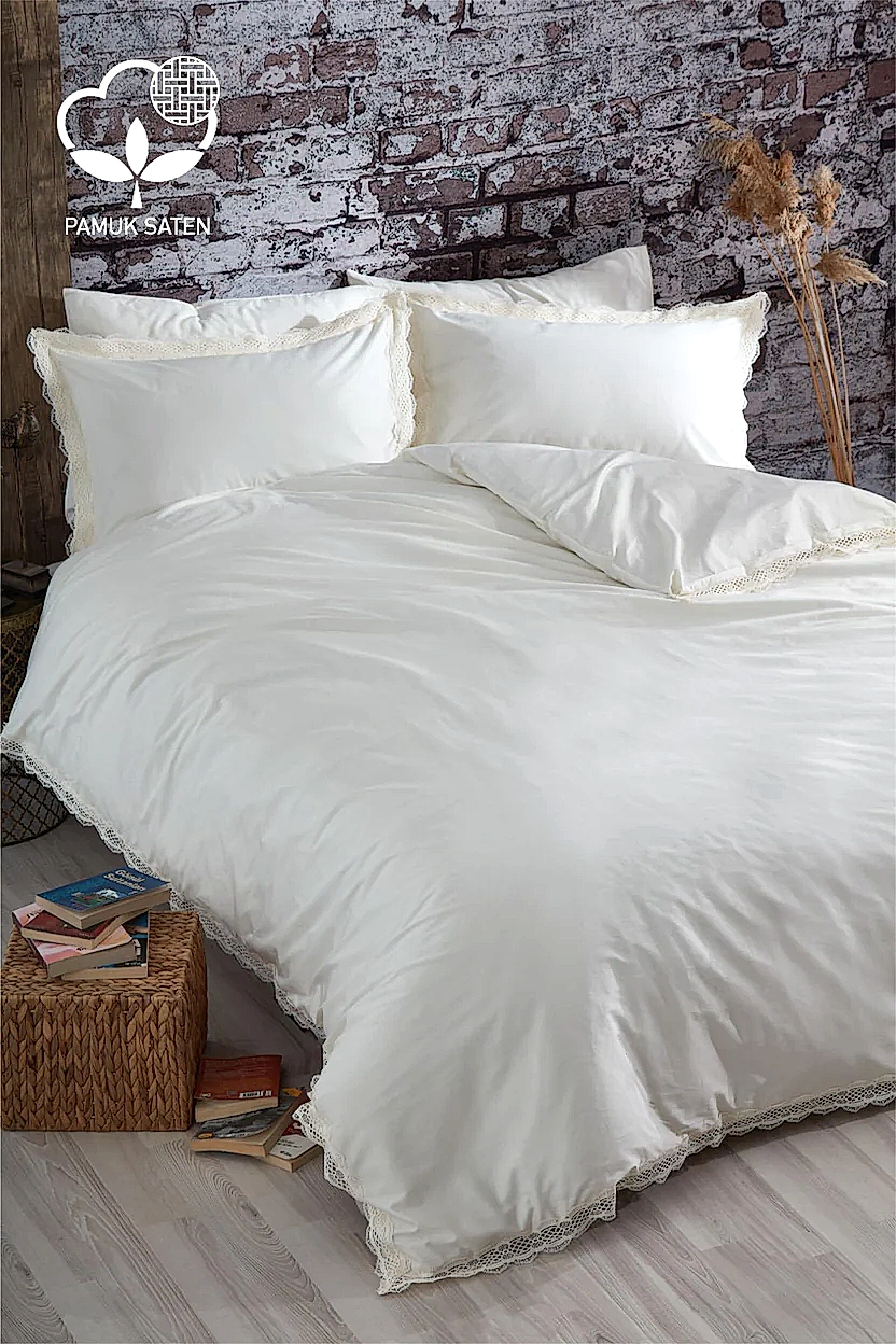Asel 300 TC Dantelli Pamuk Saten Çift Kişilik 6 Parça Nevresim Takımı - Nazik Home - Yuvama Değer!