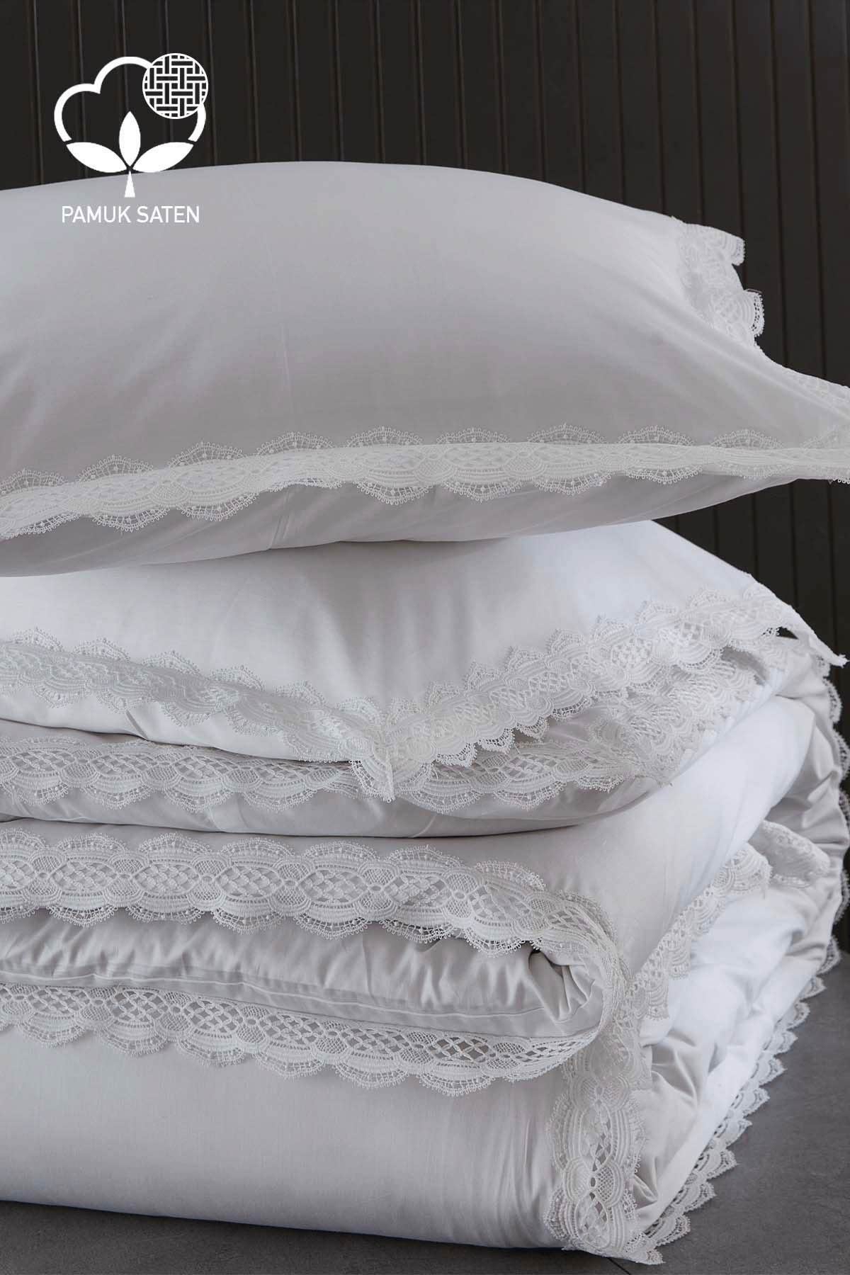 Asel 300 TC Dantelli Pamuk Saten Çift Kişilik 6 Parça Nevresim Takımı - Nazik Home - Yuvama Değer!