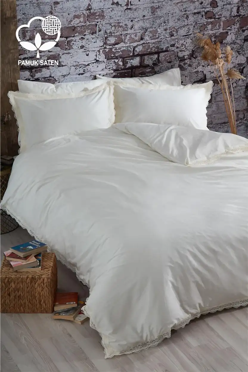 Asel 300 TC Dantelli Pamuk Saten Süper King Size 6 Parça Nevresim Takımı - Nazik Home - Yuvama Değer!