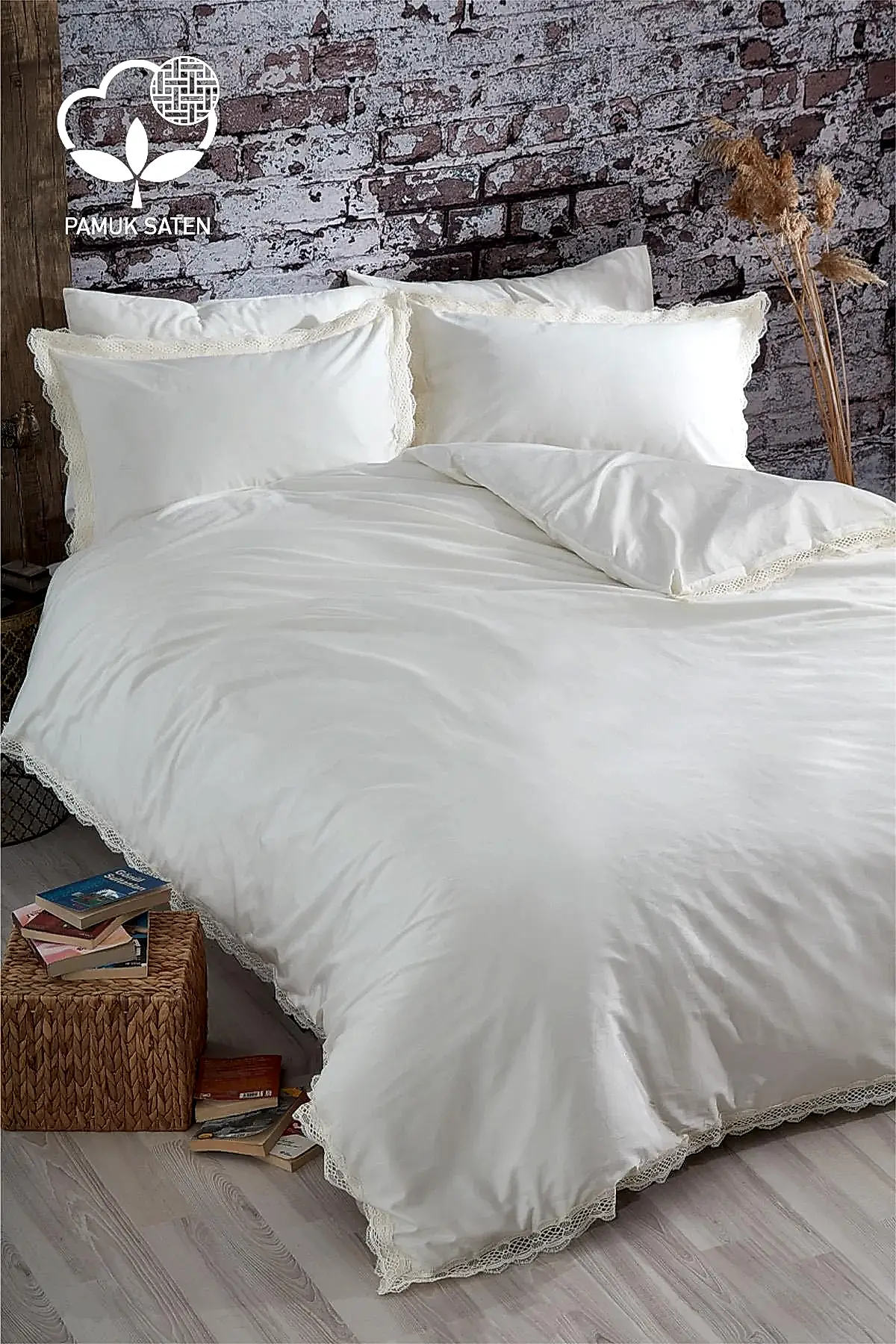 Asel 300 TC Dantelli Pamuk Saten Süper King Size 6 Parça Nevresim Takımı - Nazik Home - Yuvama Değer!