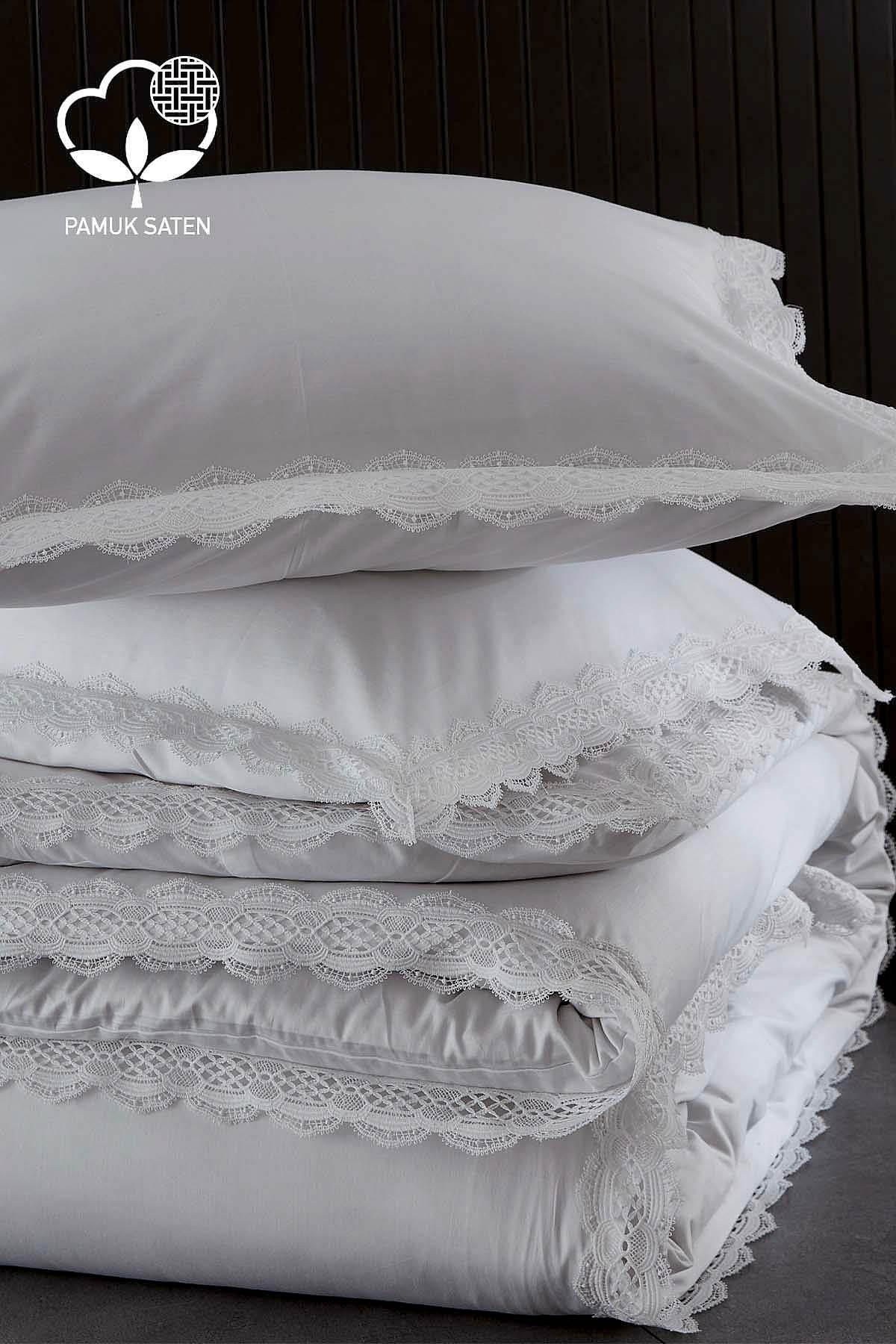 Asel 300 TC Dantelli Pamuk Saten Süper King Size 6 Parça Nevresim Takımı - Nazik Home - Yuvama Değer!