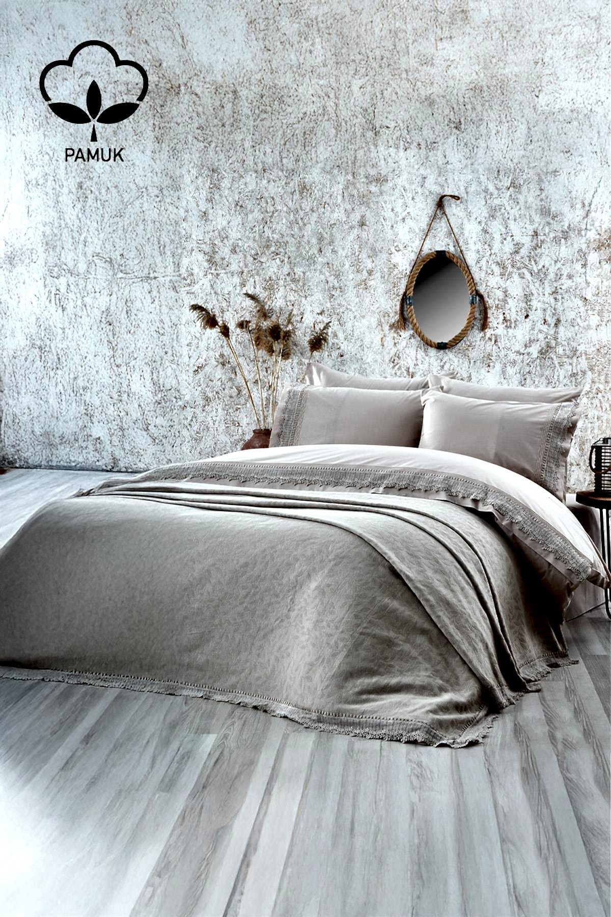 Cadiz Dantelli Çift Kişilik 7 Parça Nevresim + Pike Set - Nazik Home - Yuvama Değer!