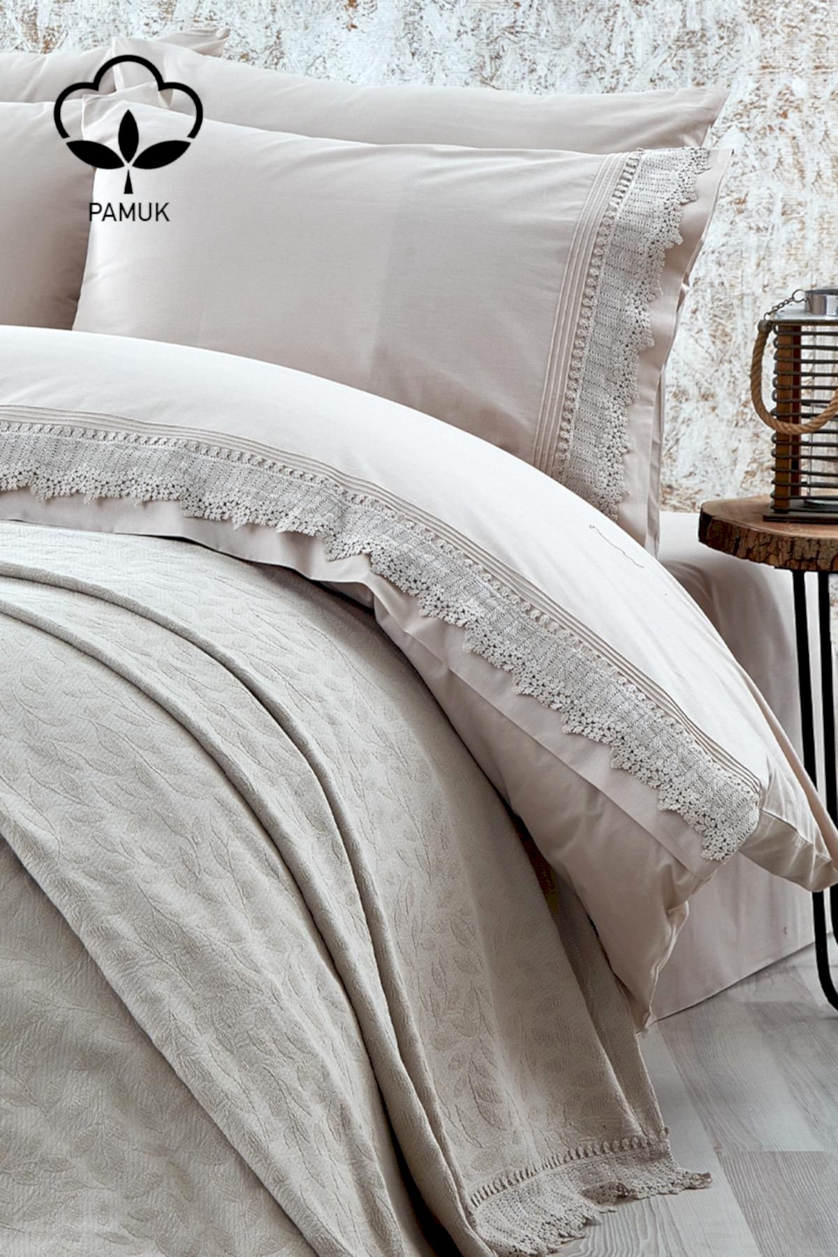 Cadiz Dantelli Çift Kişilik 7 Parça Nevresim + Pike Set - Nazik Home - Yuvama Değer!