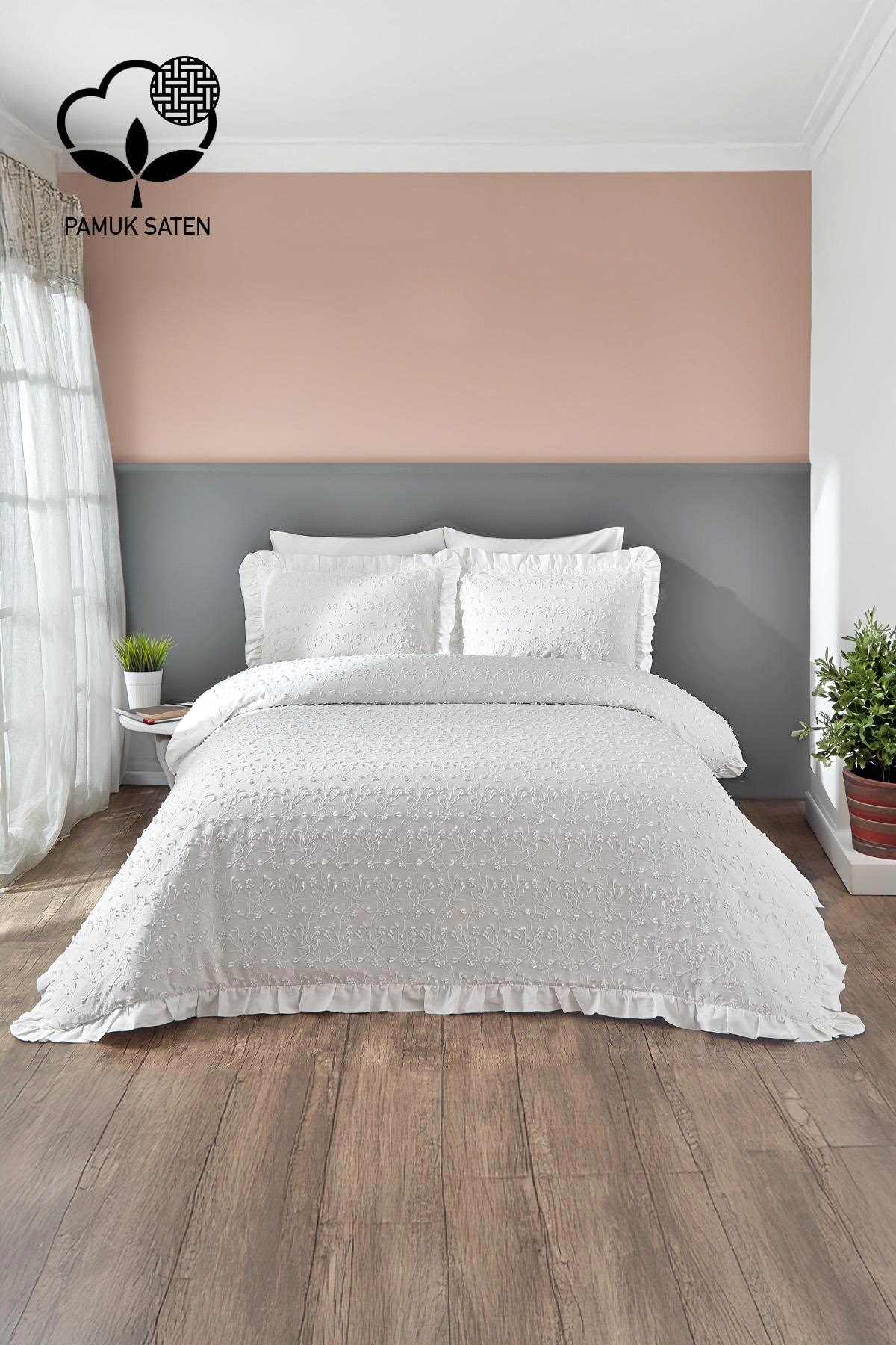 Celine İşlemeli Pamuk Saten Çift Kişilik 6 Parça Nevresim Takımı - Nazik Home - Yuvama Değer!
