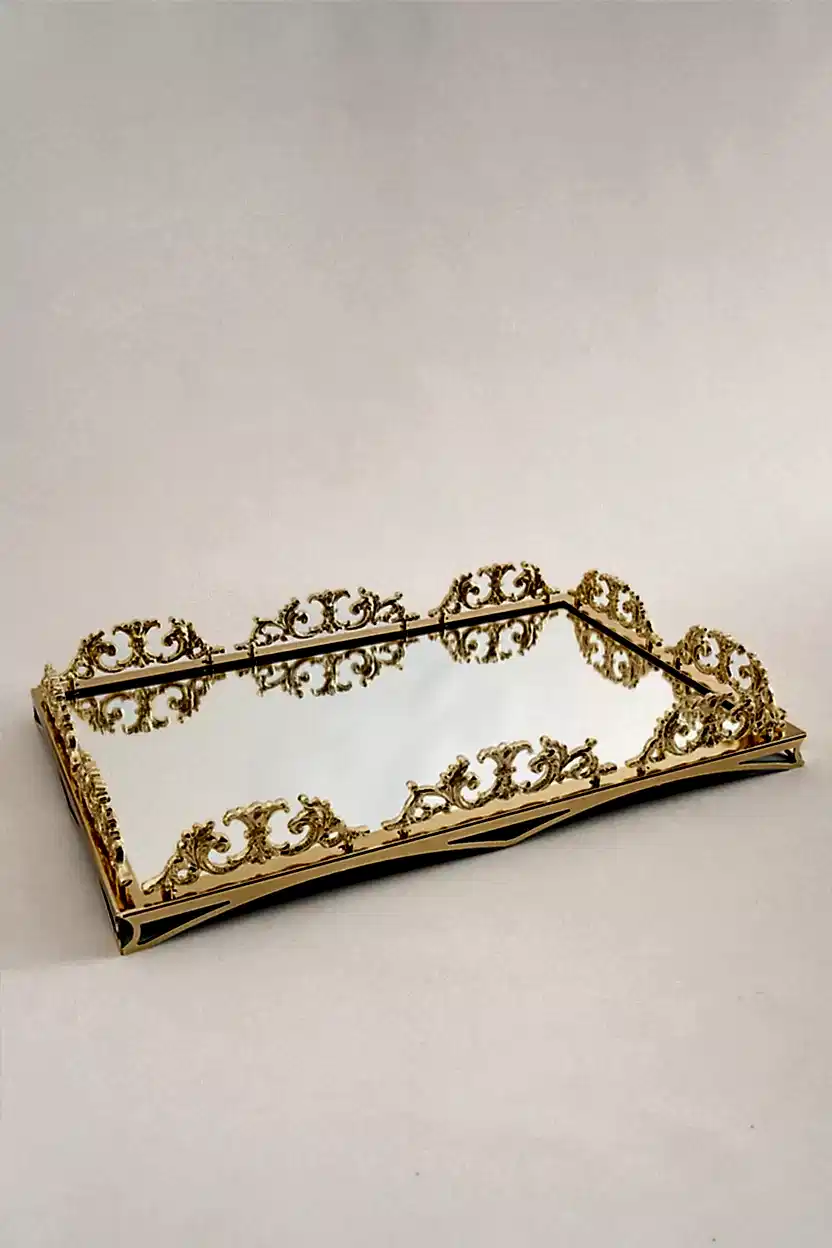 Elite Taç İşlemeli Dikdörtgen Altın Büyük Tepsi (46 x 32 cm) - Nazik Home - Yuvama Değer!