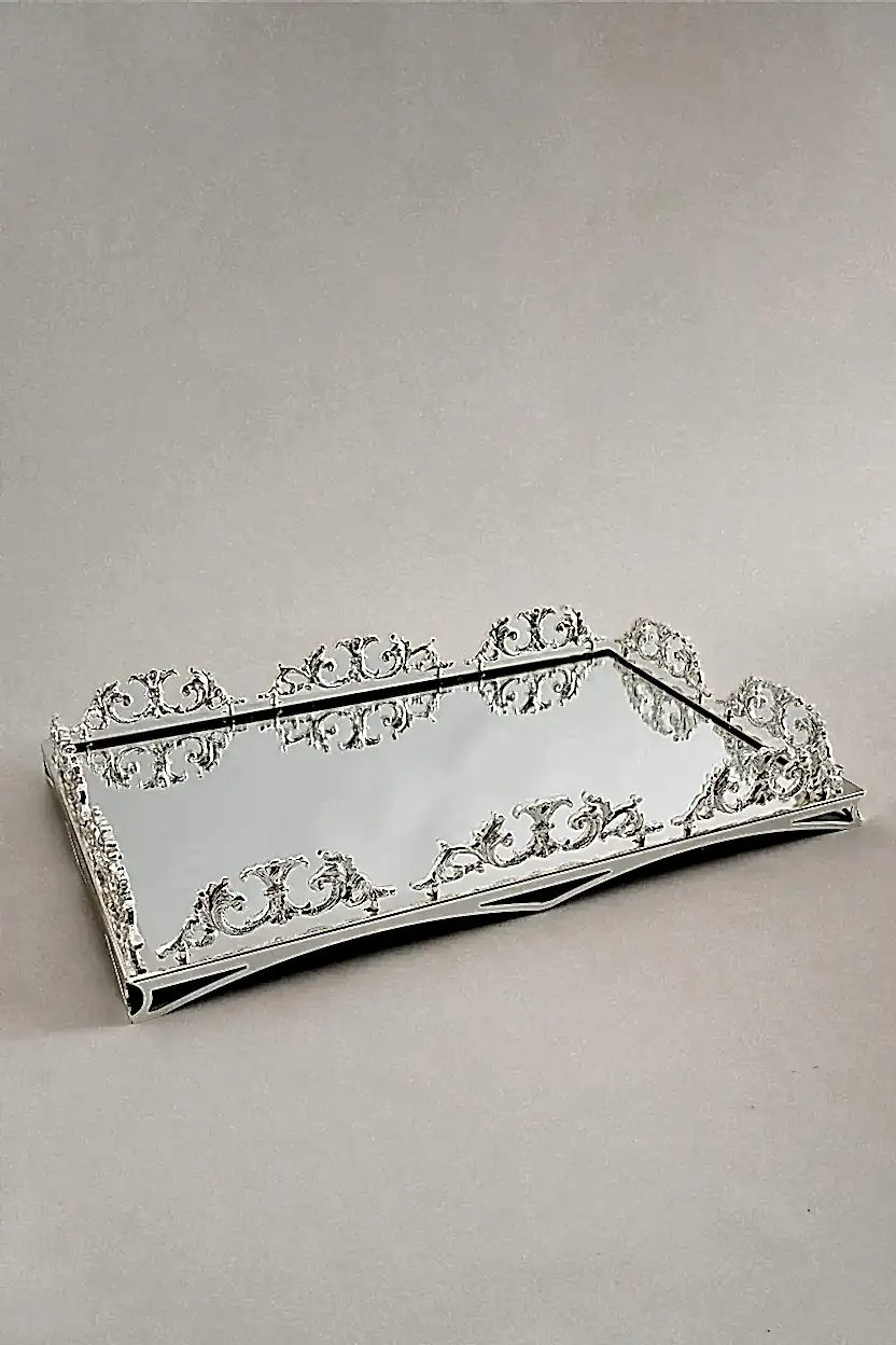 Elite Taç İşlemeli Dikdörtgen Gümüş Büyük Tepsi (46 x 32 cm) - Nazik Home - Yuvama Değer!