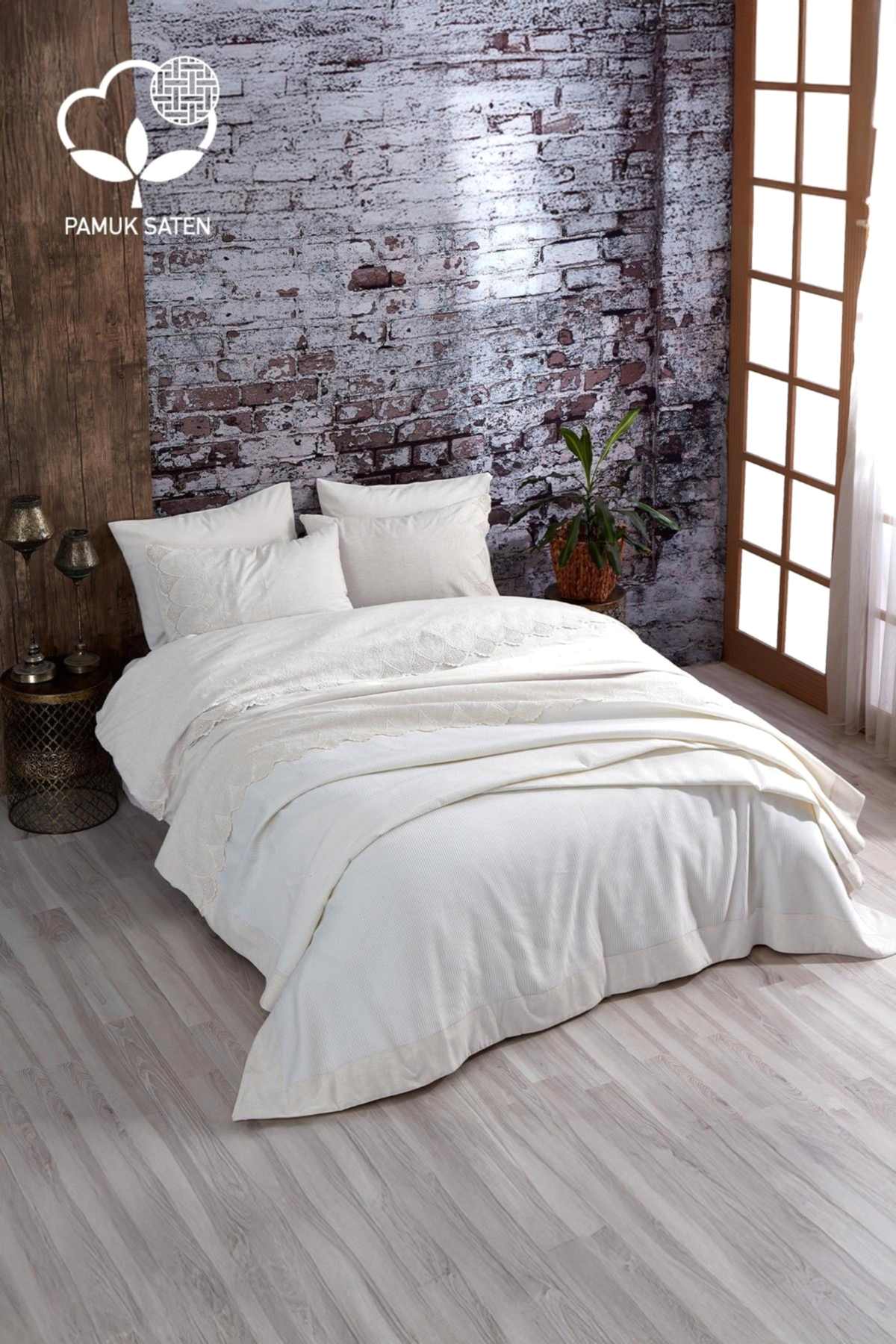 Emma Dantelli Çift Kişilik 7 Parça Nevresim + Pike Set - Nazik Home - Yuvama Değer!