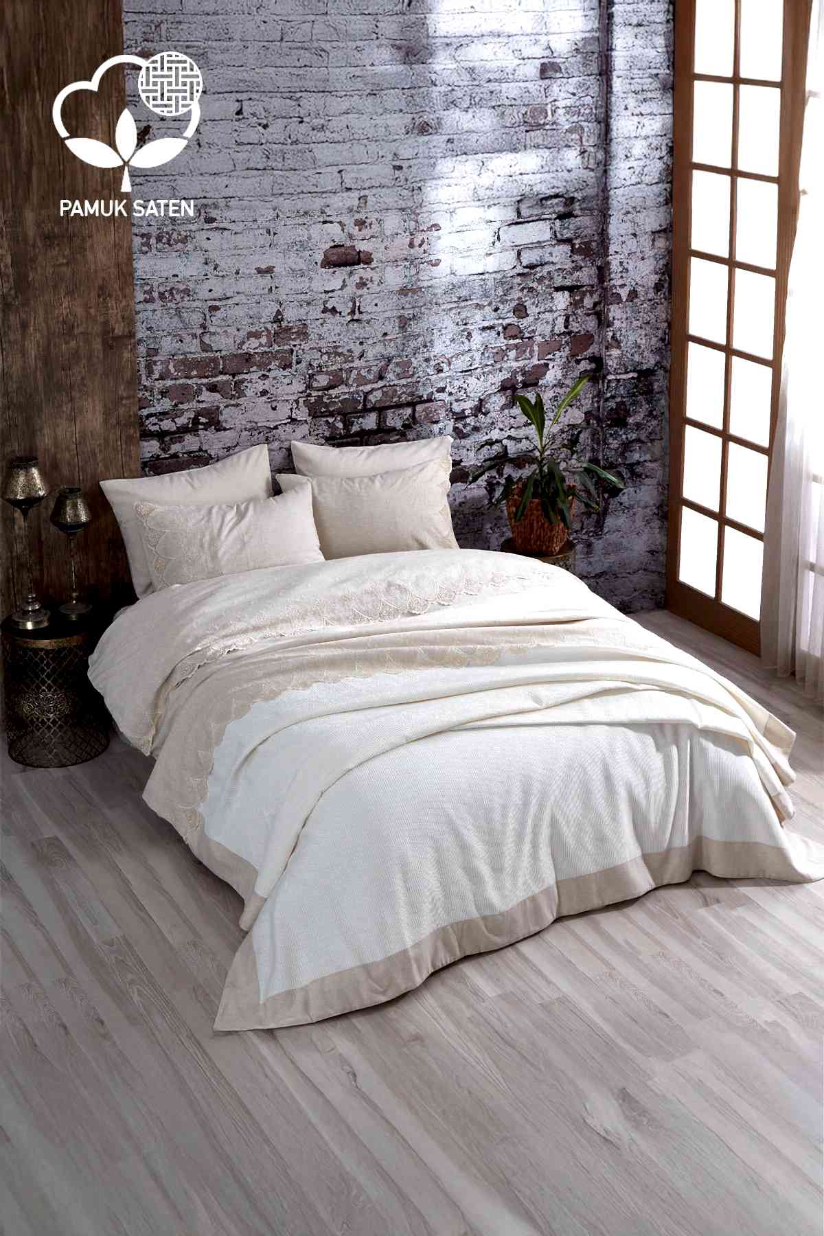 Emma Dantelli Çift Kişilik 7 Parça Nevresim + Pike Set - Nazik Home - Yuvama Değer!