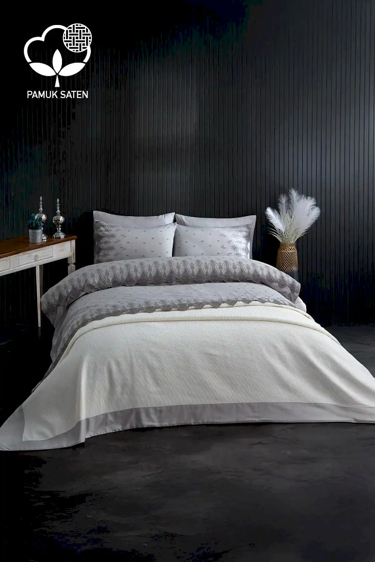 Emma Dantelli Çift Kişilik 7 Parça Nevresim + Pike Set - Nazik Home - Yuvama Değer!