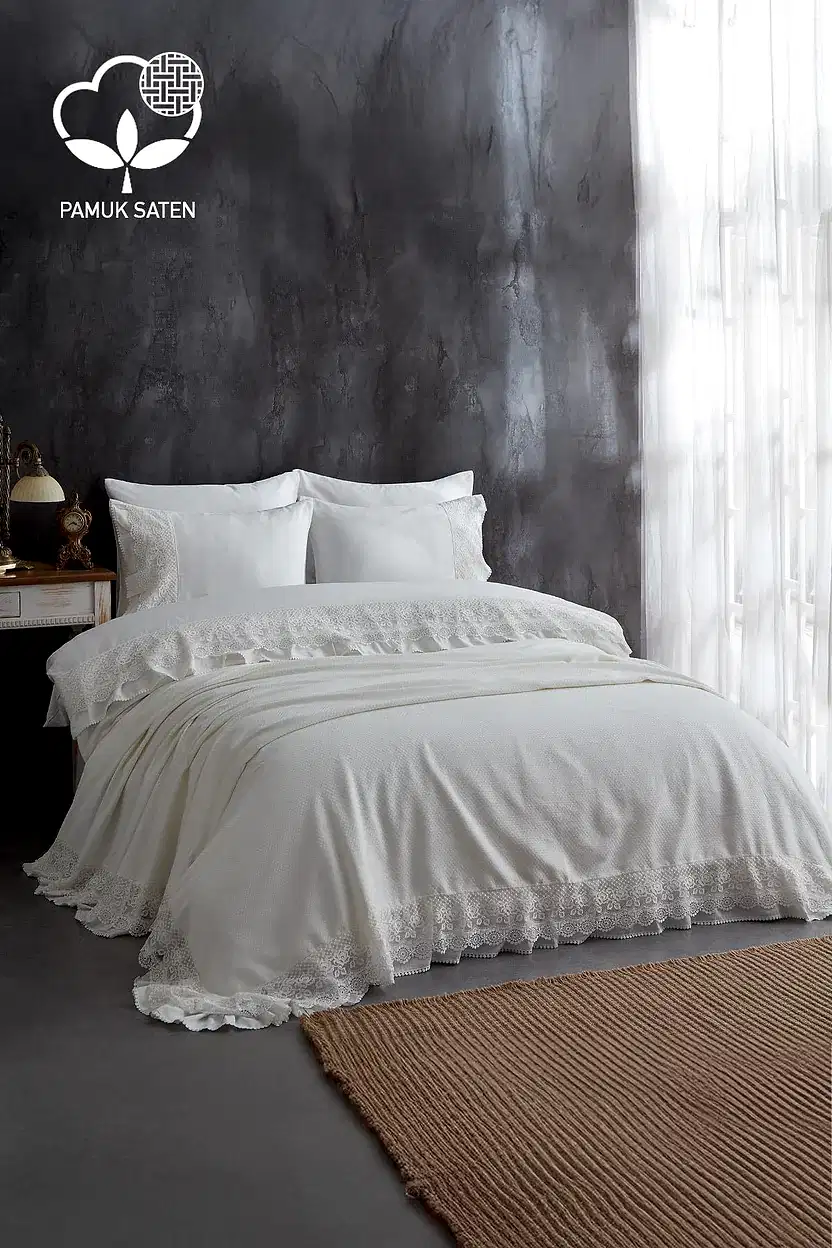 Espina Dantelli Çift Kişilik 7 Parça Nevresim + Pike Set - Nazik Home - Yuvama Değer!