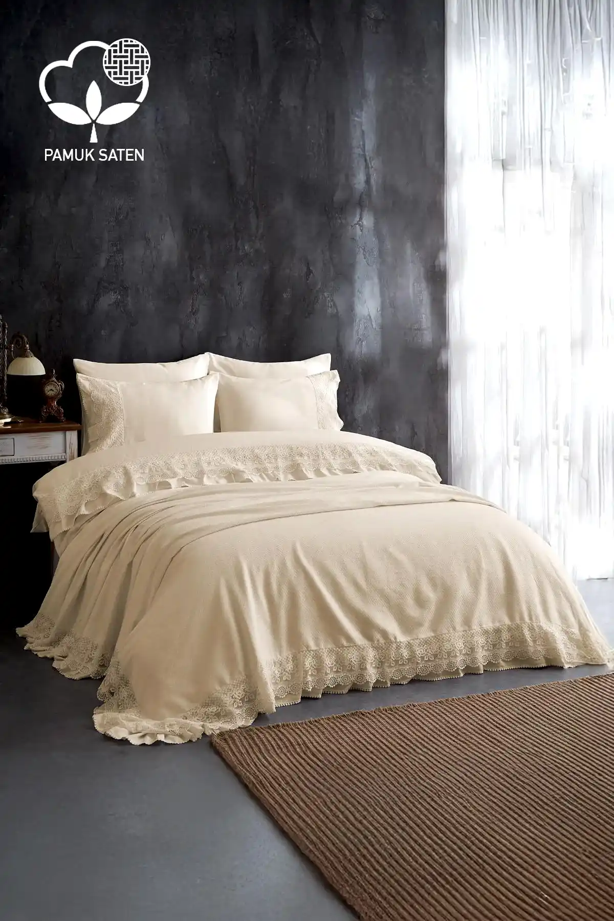 Espina Dantelli Çift Kişilik 7 Parça Nevresim + Pike Set - Nazik Home - Yuvama Değer!