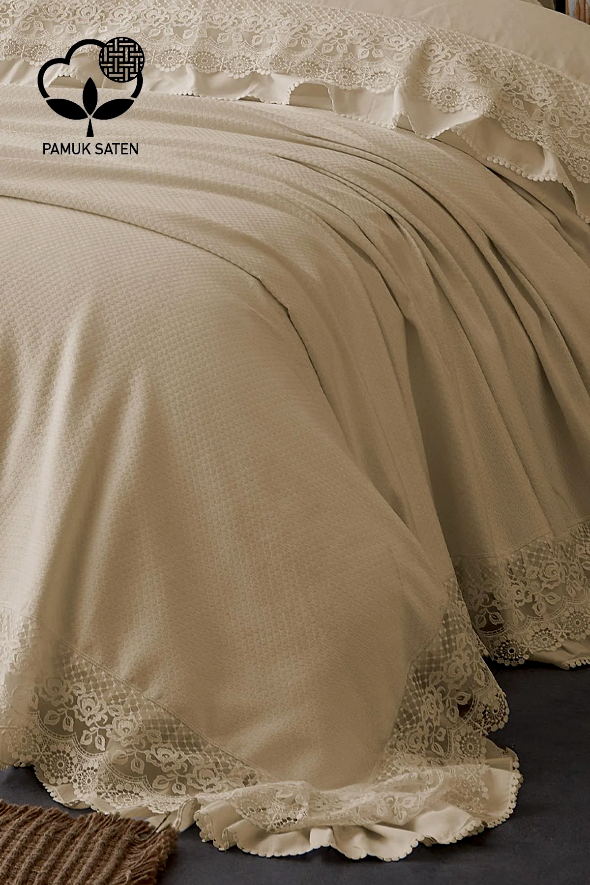 Espina Dantelli Çift Kişilik 7 Parça Nevresim + Pike Set - Nazik Home - Yuvama Değer!