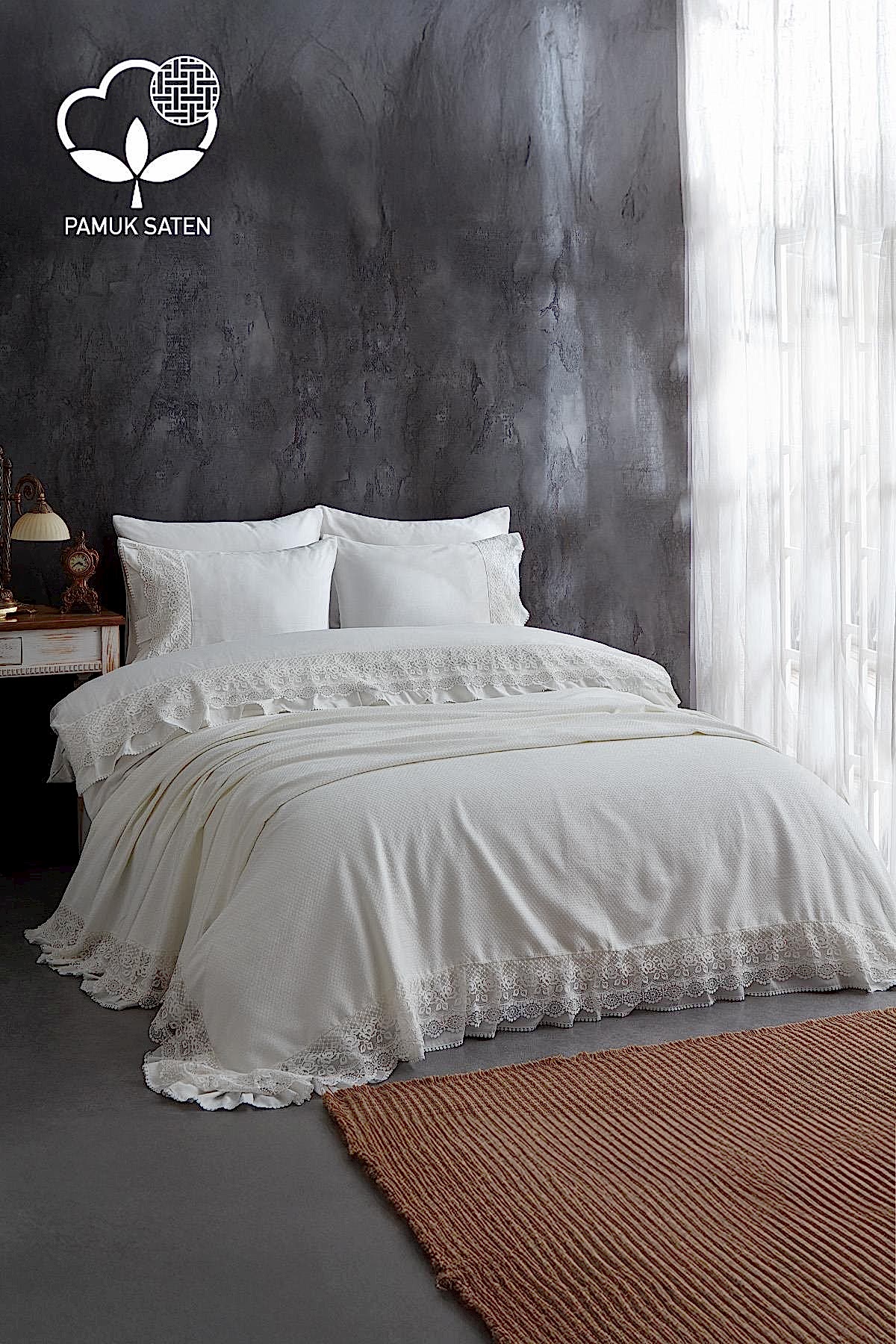 Espina Dantelli Süper King Size 7 Parça Nevresim + Pike Set - Nazik Home - Yuvama Değer!