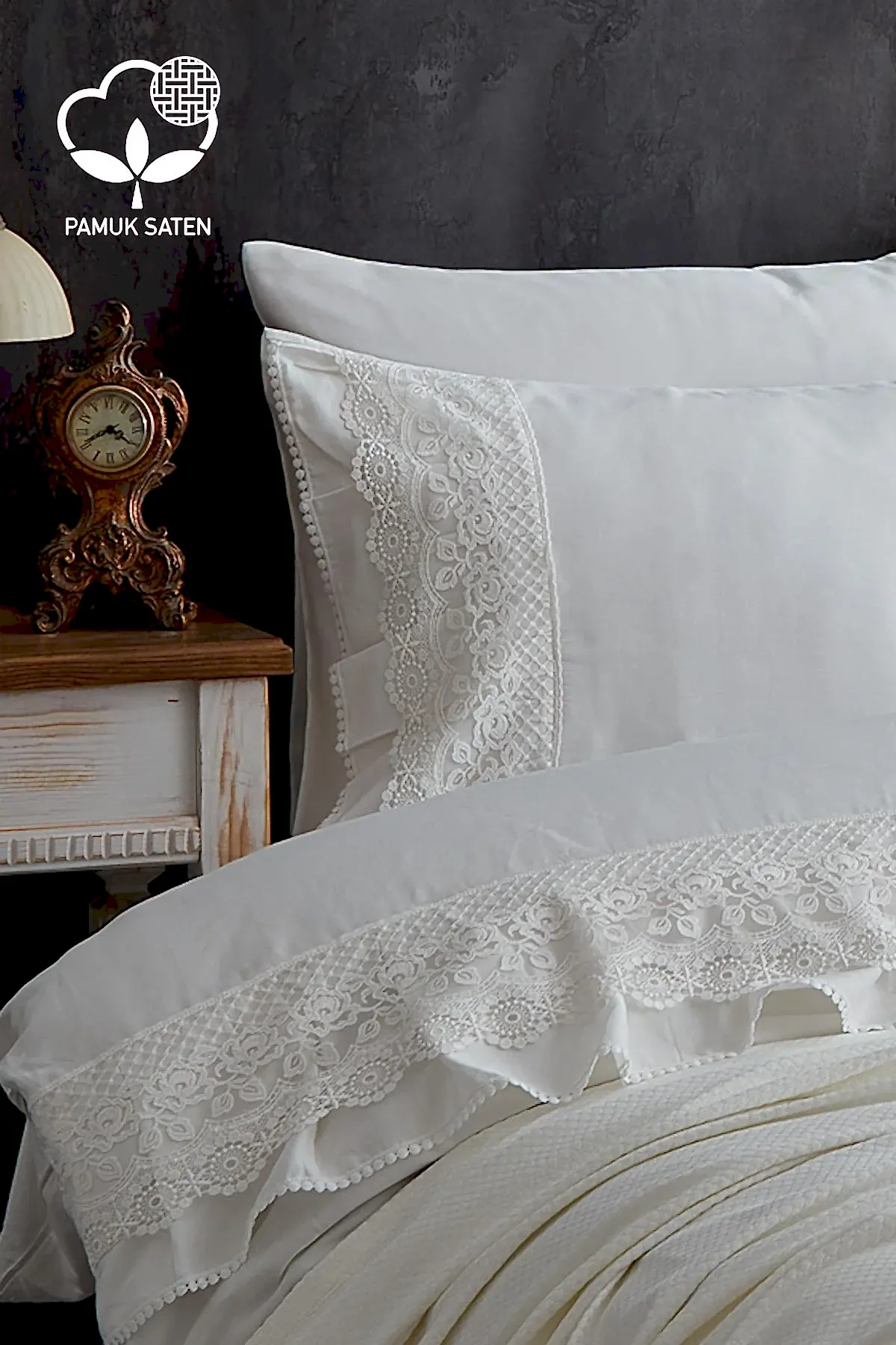 Espina Dantelli Süper King Size 7 Parça Nevresim + Pike Set - Nazik Home - Yuvama Değer!