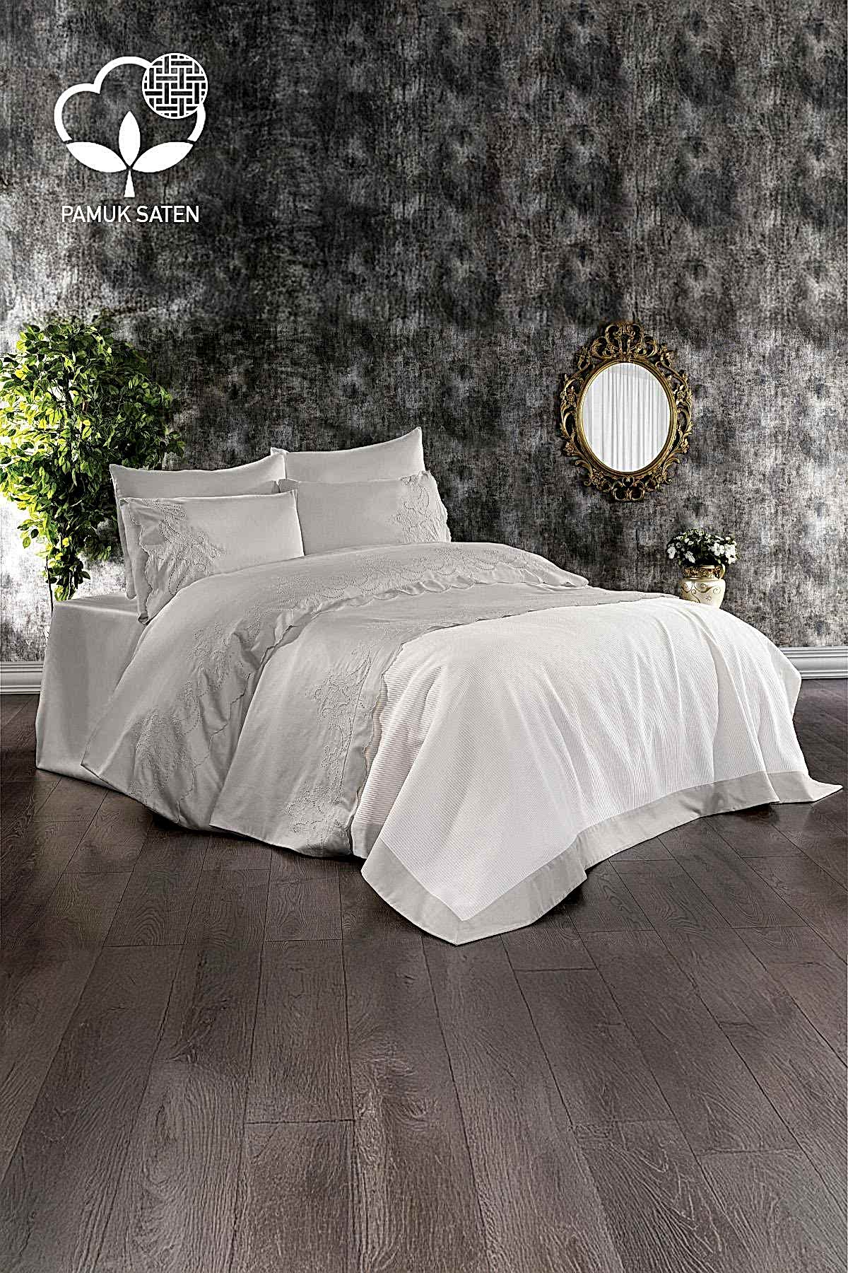 Hanedan İşlemeli Çift Kişilik 7 Parça Nevresim + Pike Set - Nazik Home - Yuvama Değer!