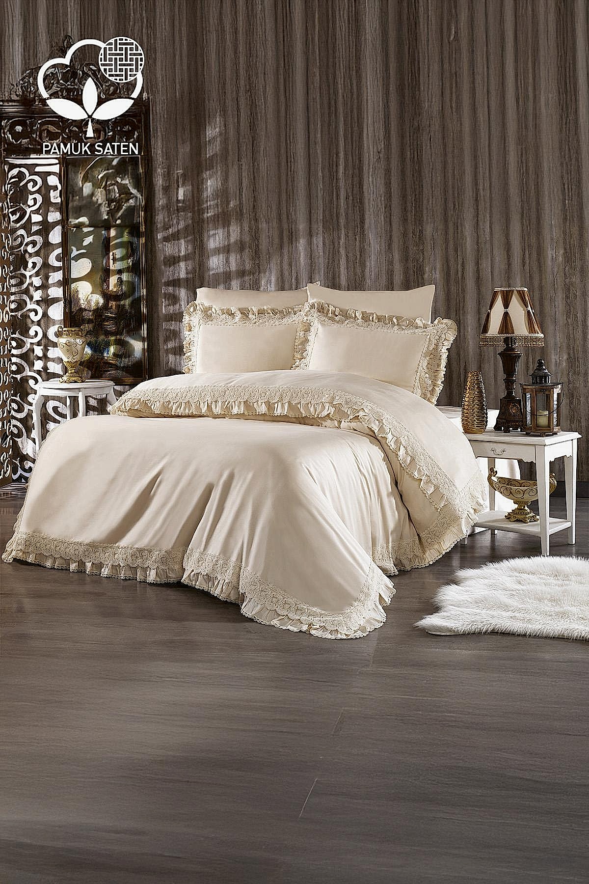 Helen Dantelli Organik Pamuk Saten Çift Kişilik Nevresim Takımı - Nazik Home - Yuvama Değer!