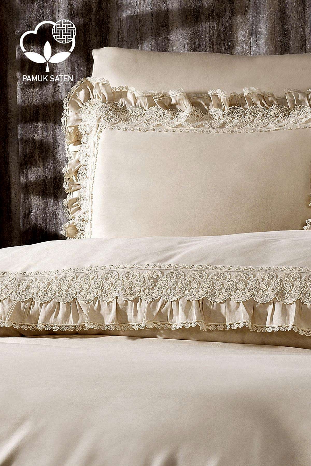 Helen Dantelli Organik Pamuk Saten Çift Kişilik Nevresim Takımı - Nazik Home - Yuvama Değer!