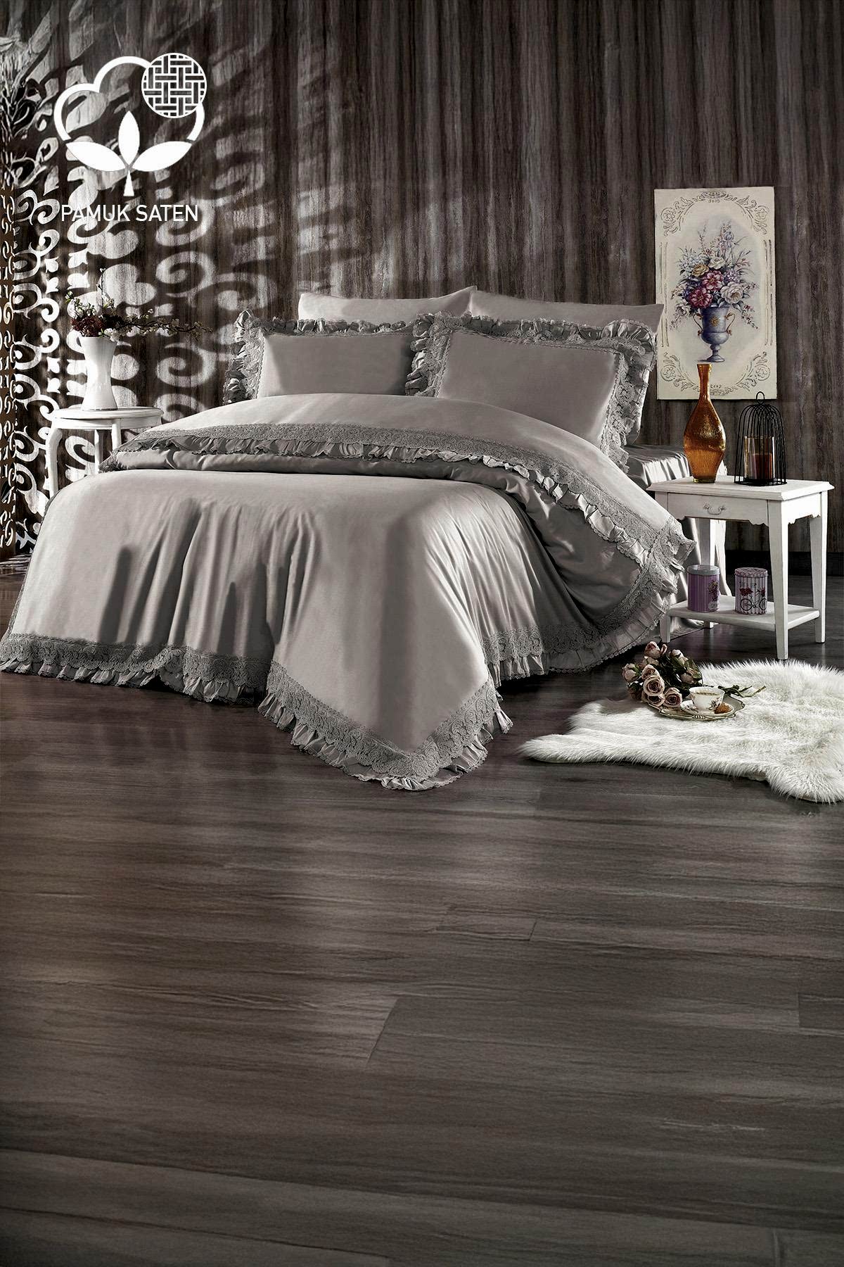 Helen Dantelli Organik Pamuk Saten Çift Kişilik Nevresim Takımı - Nazik Home - Yuvama Değer!