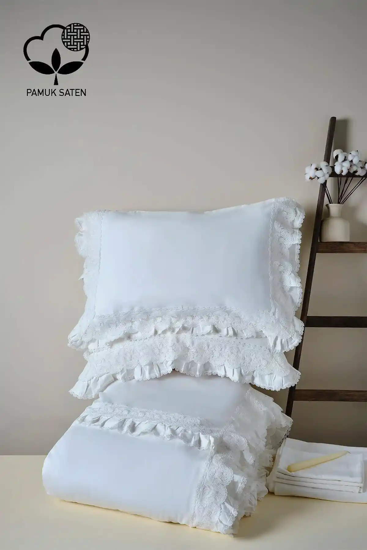 Helen Dantelli Organik Pamuk Saten Çift Kişilik Nevresim Takımı - Nazik Home - Yuvama Değer!