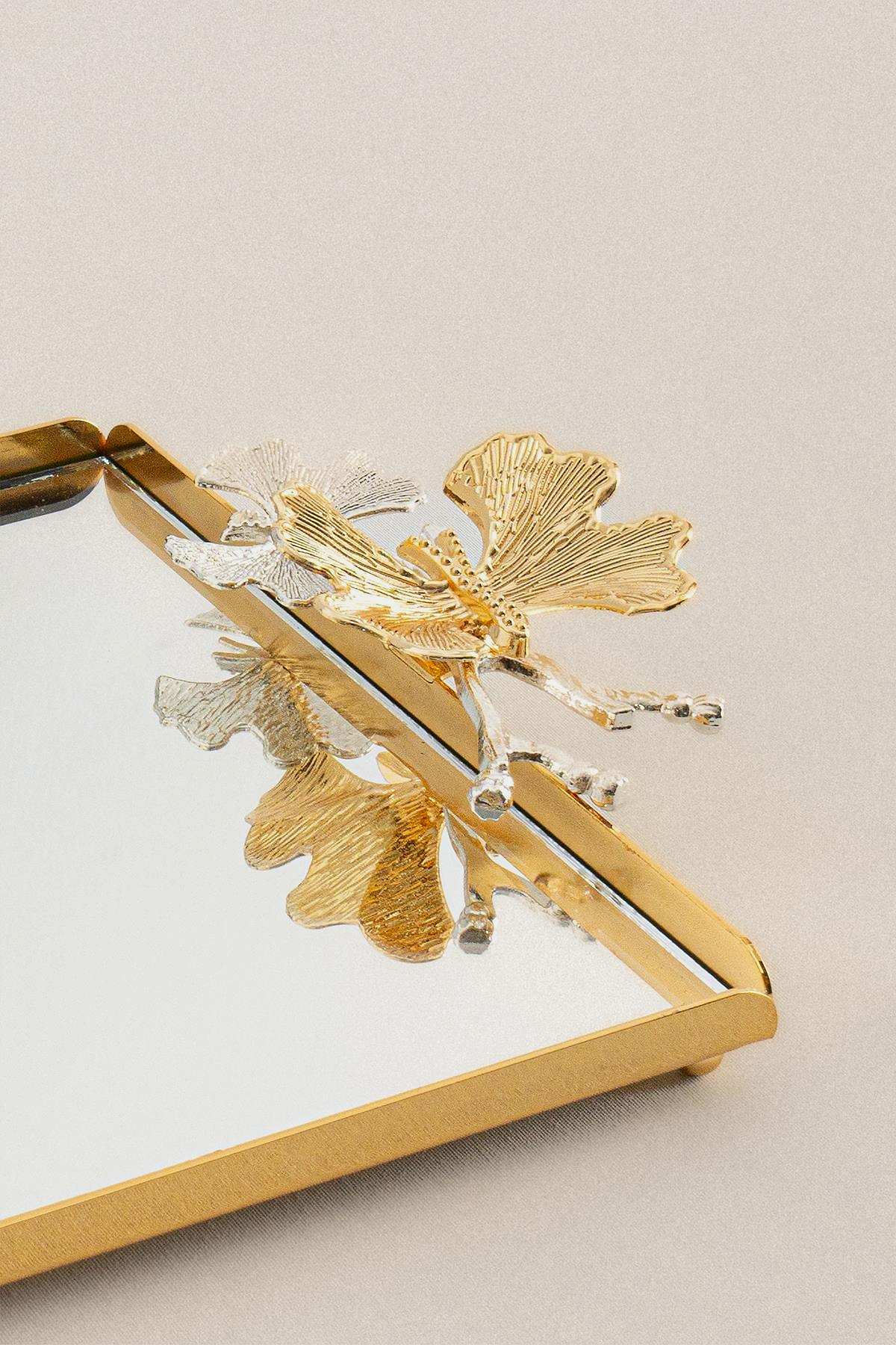 Laura Kelebek Kulplu Altın Orta Tepsi (32 x 22 cm) - Nazik Home - Yuvama Değer!