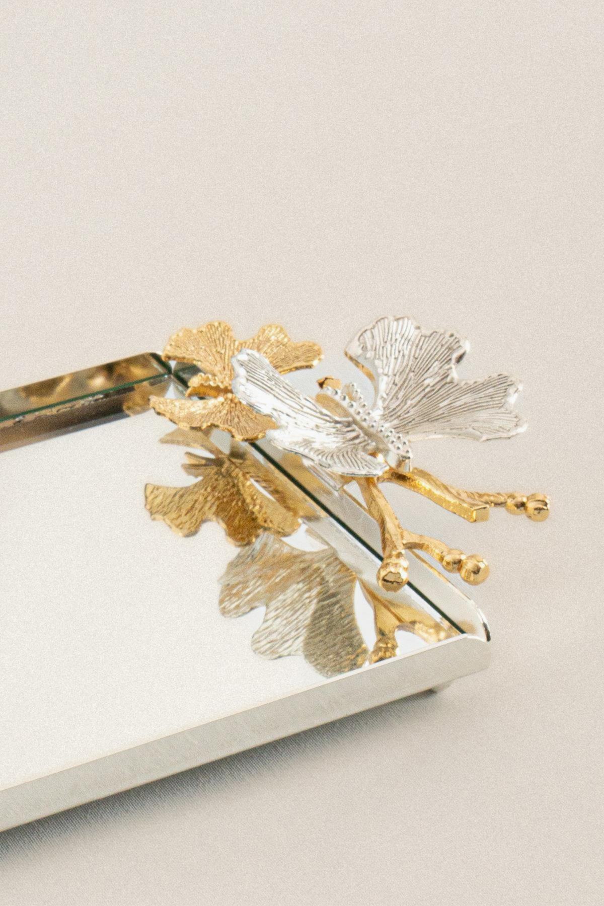 Laura Kelebek Kulplu Gümüş Mini Tepsi (22 x 15 cm) - Nazik Home - Yuvama Değer!