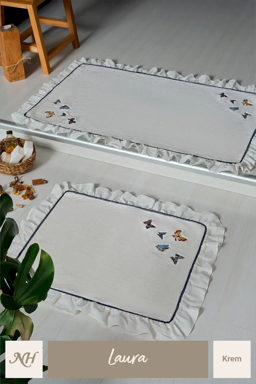 Laura Kelebek Nakışlı 2'li Paspas Set (60 x 100 cm) - Nazik Home - Yuvama Değer!