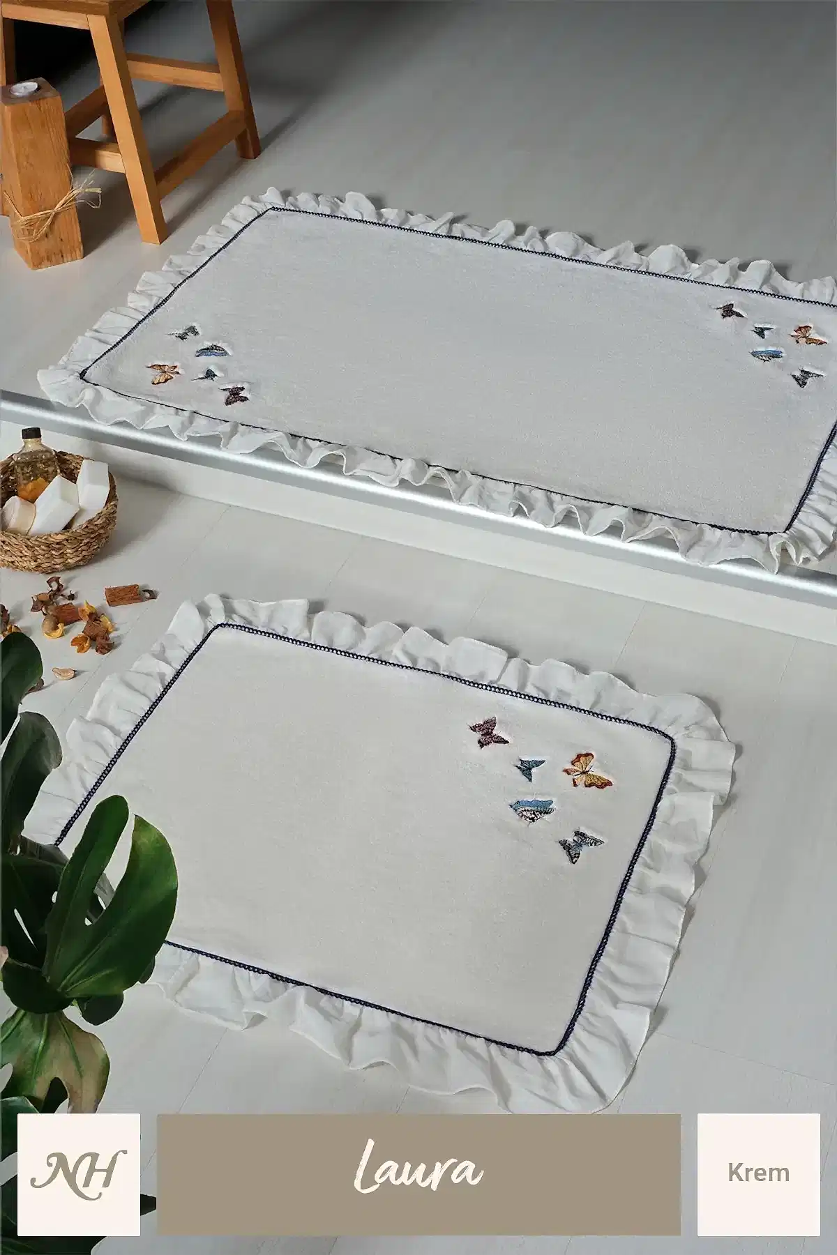 Laura Kelebek Nakışlı 2'li Paspas Set (60 x 100 cm) - Nazik Home - Yuvama Değer!