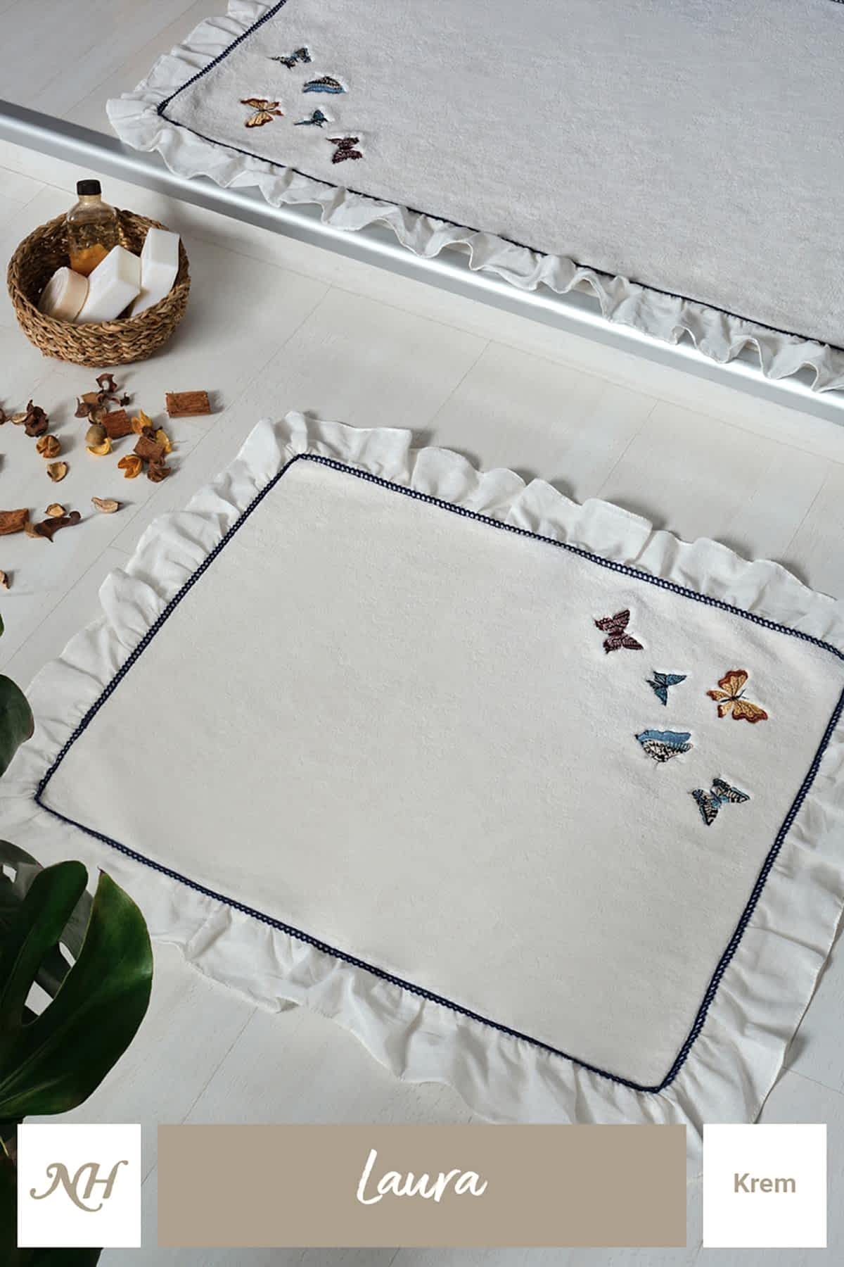 Laura Kelebek Nakışlı 2'li Paspas Set (60 x 100 cm) - Nazik Home - Yuvama Değer!