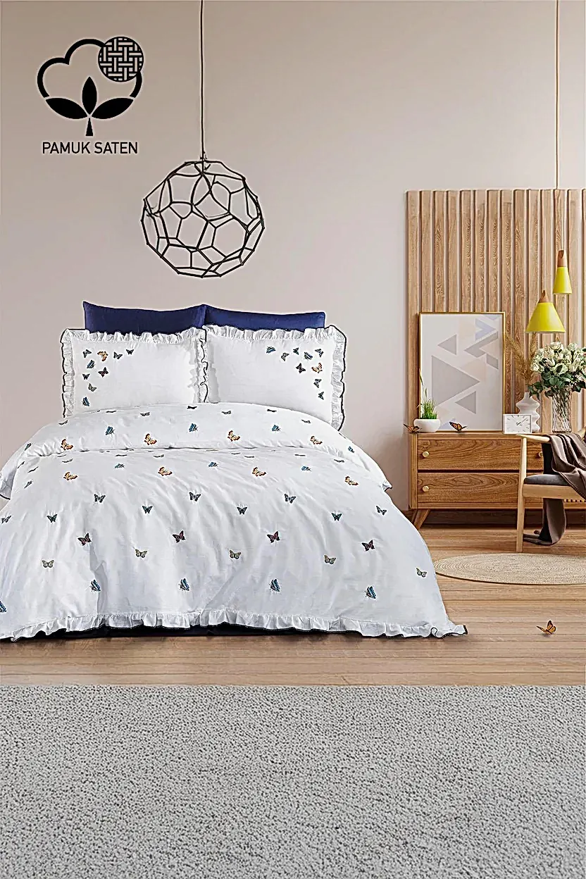 Laura Kelebek Nakışlı Pamuk Saten Çift Kişilik Nevresim Takımı - Nazik Home - Yuvama Değer!