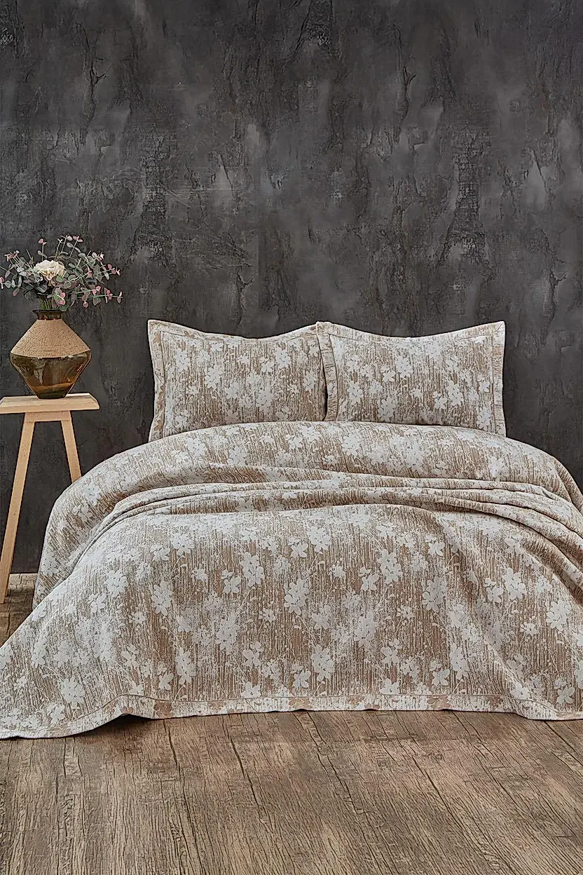 Lotus Çiçek Desenli Jakarlı Çift Kişilik Yatak Örtüsü - Nazik Home - Yuvama Değer!