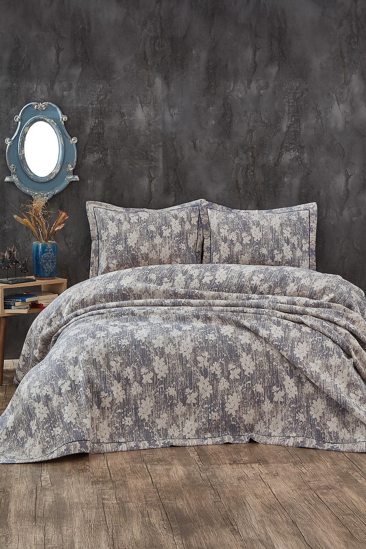 Lotus Çiçek Desenli Jakarlı Çift Kişilik Yatak Örtüsü - Nazik Home - Yuvama Değer!